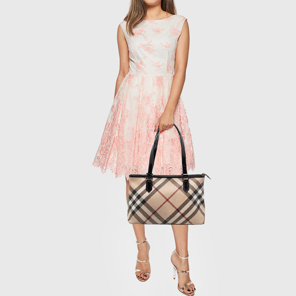 

Burberry Beige Nova Check Coated Canvas and Leather Top Zip Tote