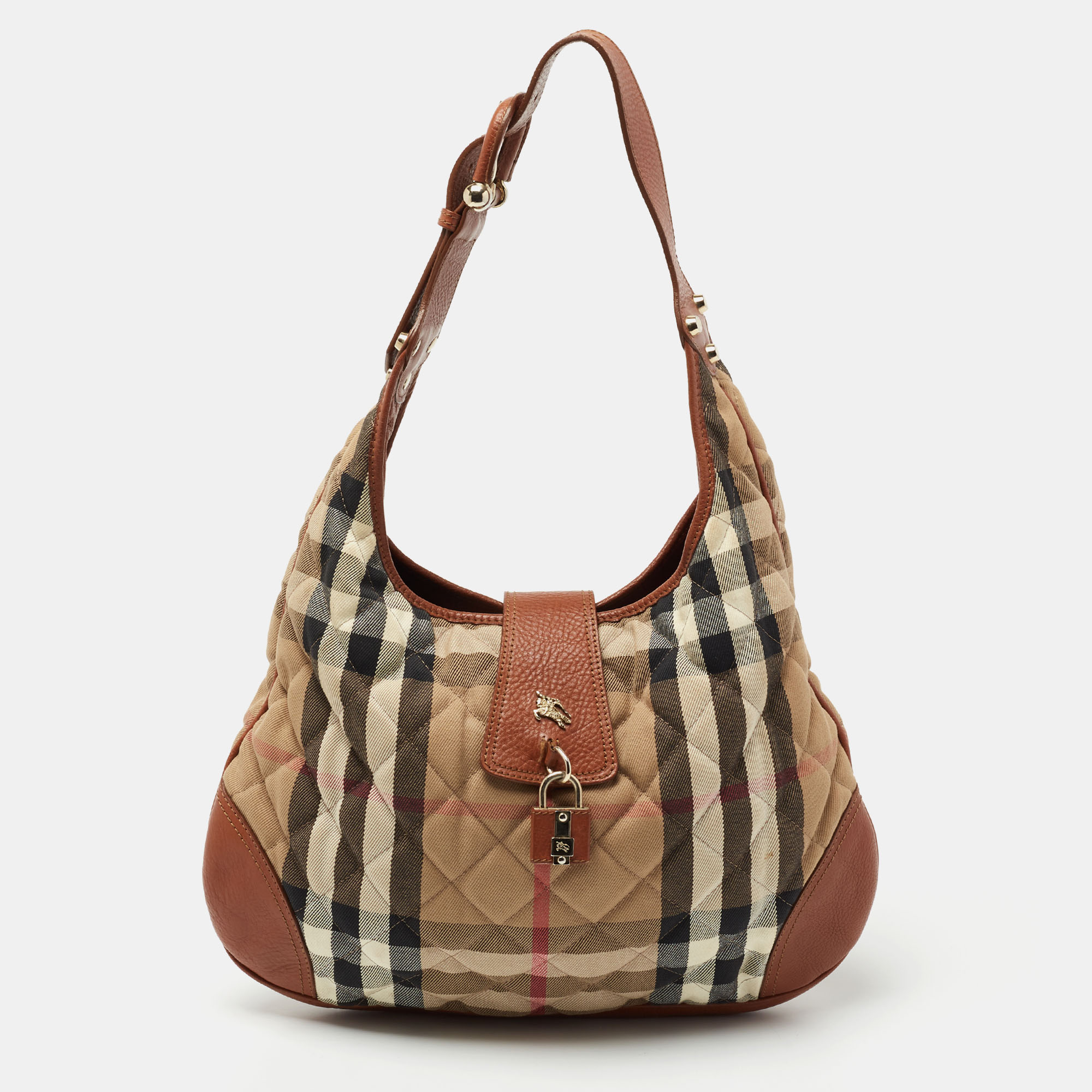 BURBERRY BEIGE QUILTED HOUSE CHECK CANVAS AND LEATHER BROOKE HOBO BAG