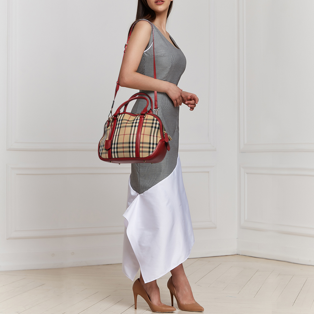 

Burberry Beige/Red Horseferry Check Canvas and Leather Small Orchard Bowler Bag