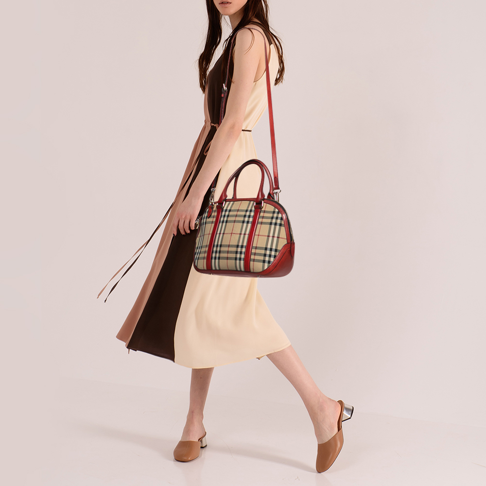

Burberry Red/Beige Horseferry Check Canvas and Leather Small Orchard Bowler Bag