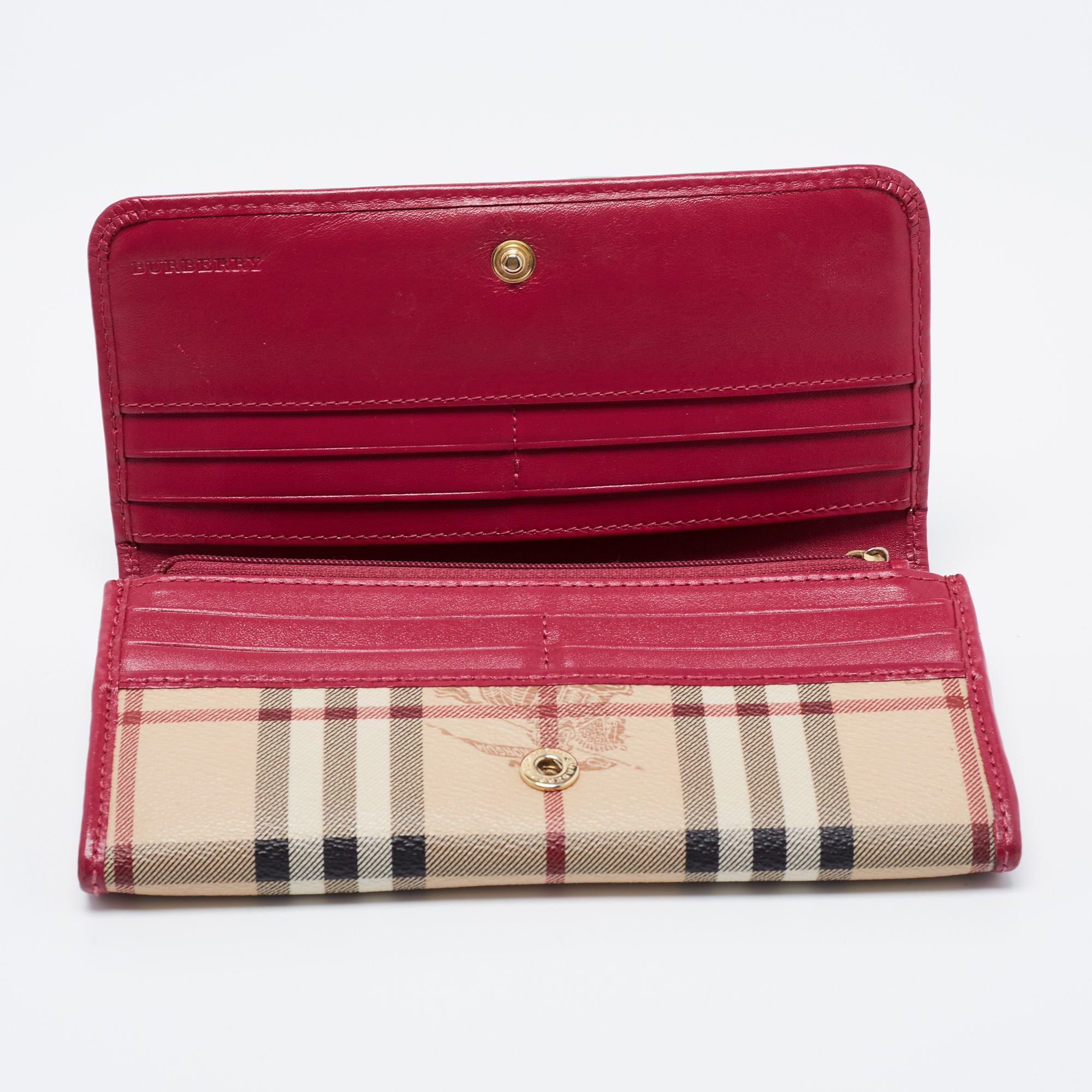 

Burberry Fuchsia/Beige Haymarket Check Coated Canvas and Leather Flap Continental Wallet, Pink