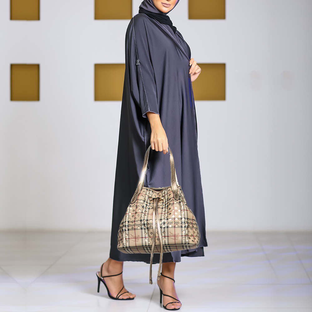 

Burberry Gold/Beige Laser Cut Haymarket Check Coated Canvas and Leather Drawstring Shoulder Bag