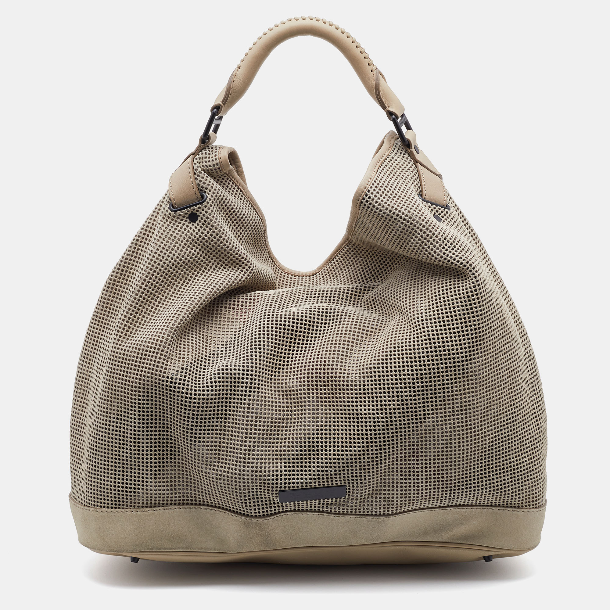 Pre-owned Burberry Beige Perforated Suede And Leather Oversized Hobo