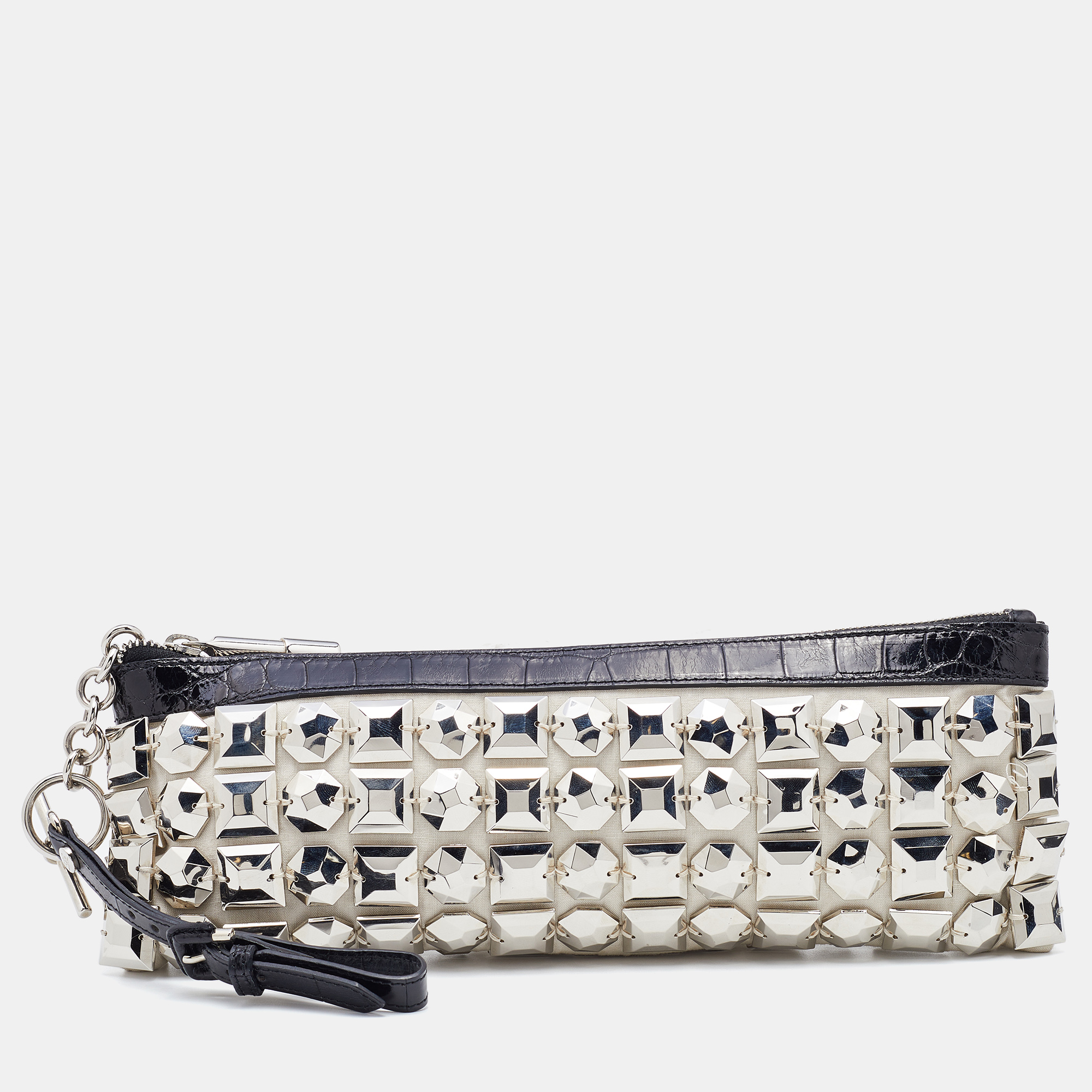 Pre-owned Burberry White/black Fabric And Croc Embossed Patent Leather Embellished Wristlet Clutch