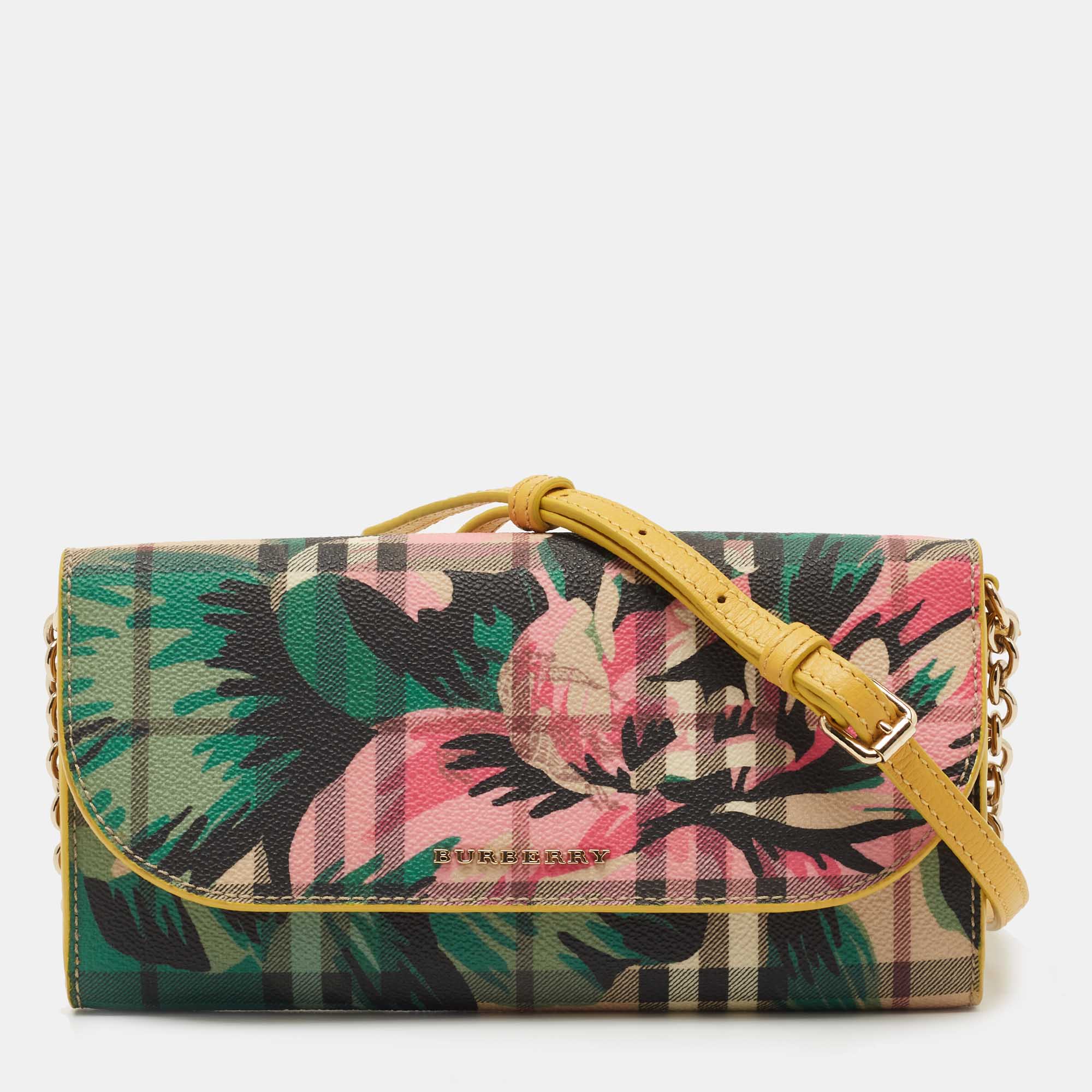 Pre-owned Burberry Multicolor Haymarket Check Floral Coated Canvas And Leather Izzy Wallet On Chain