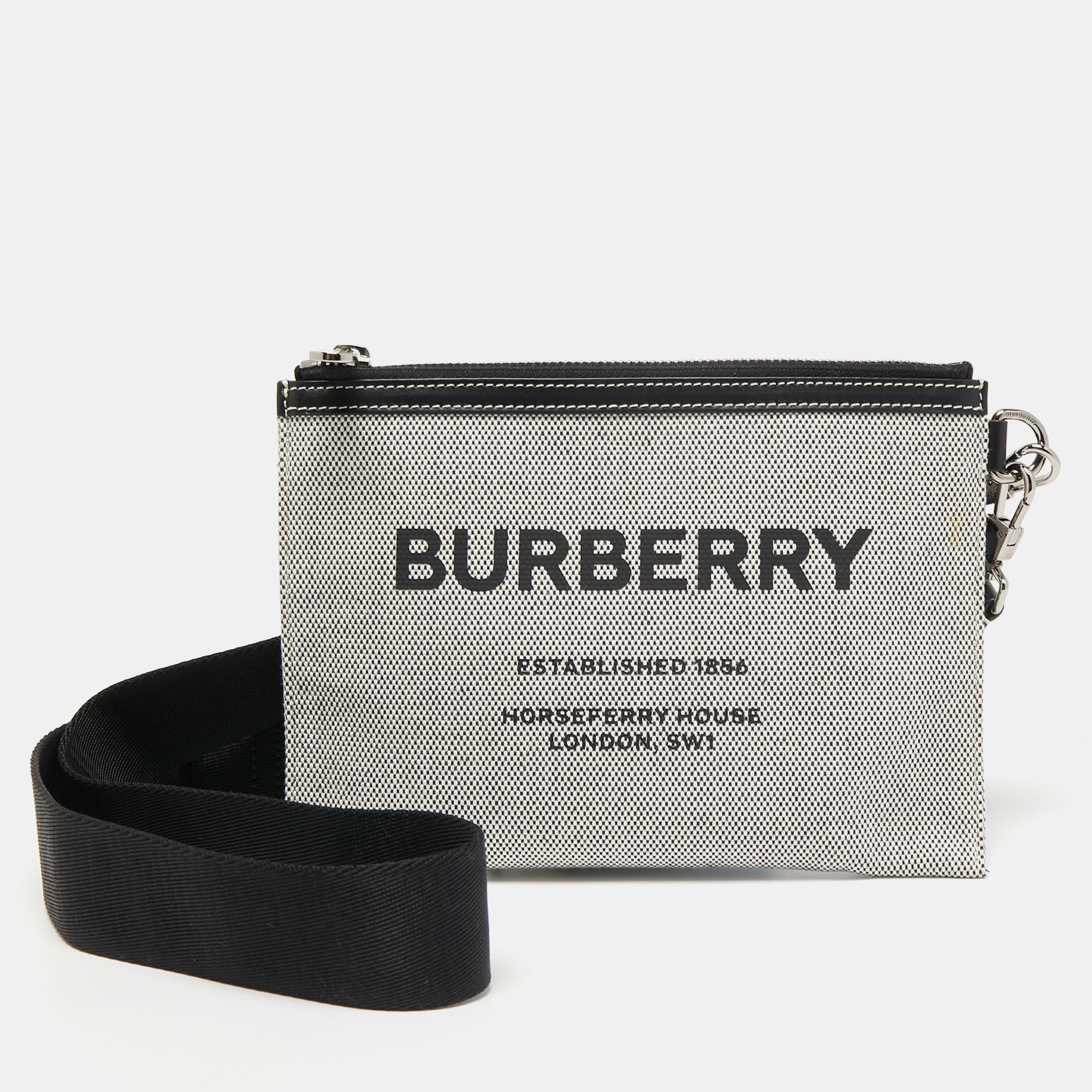 Pre-owned Burberry Black/grey Canvas Logo Print Slim Crossbody Bag
