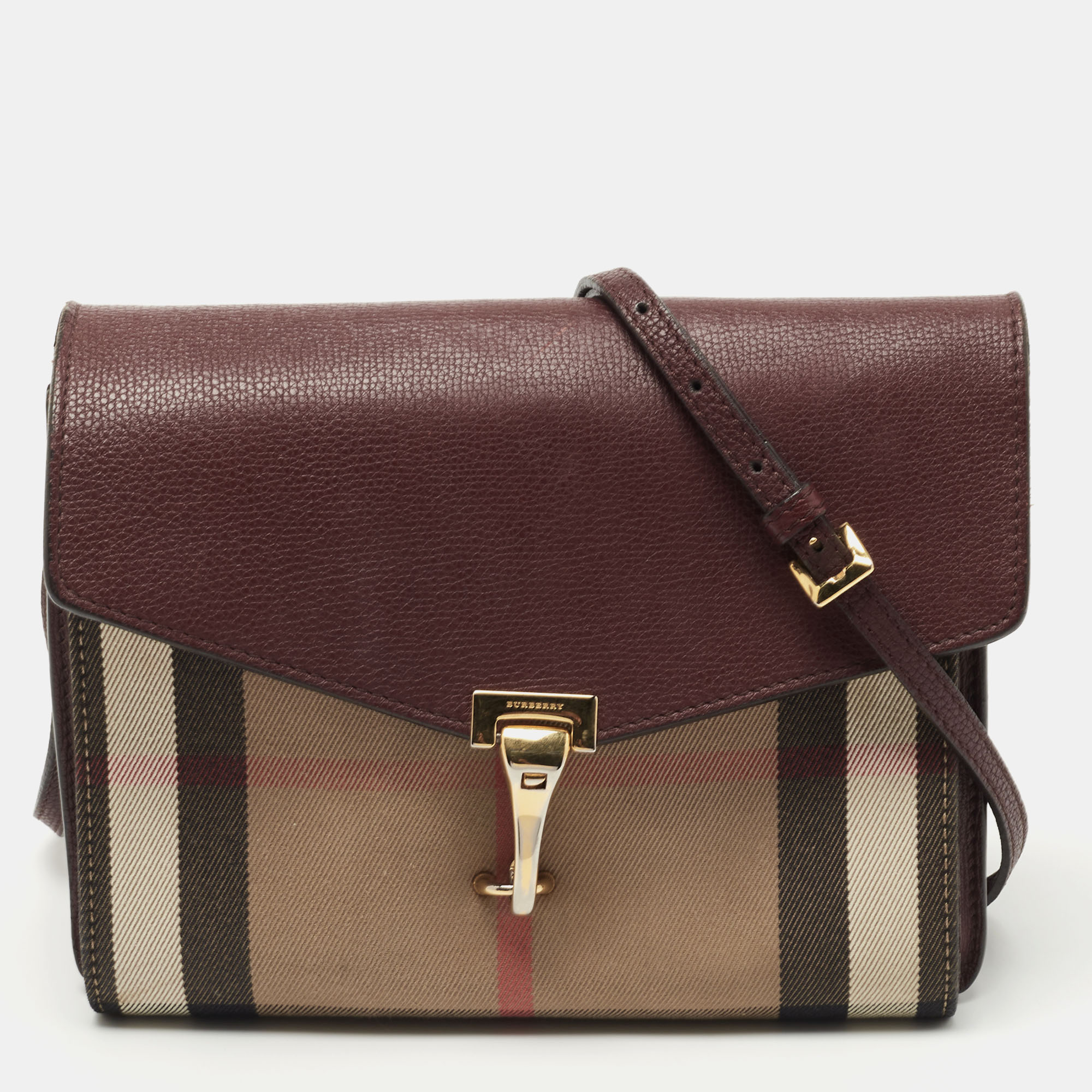 Pre-owned Burberry Burgundy House Check Canvas And Leather Macken Crossbody Bag