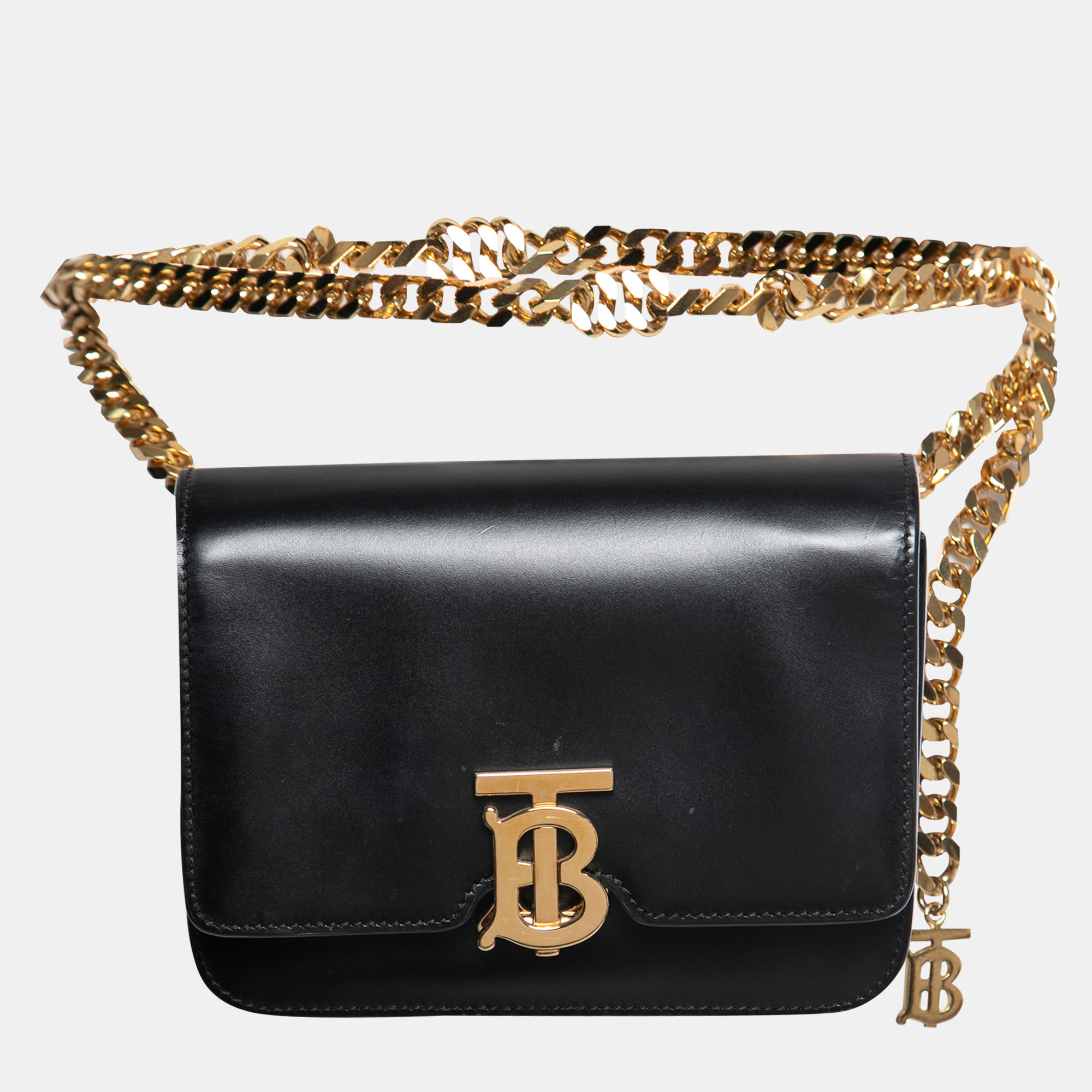 Pre-owned Burberry Black Leather Tb Bum Chain Belt Bag