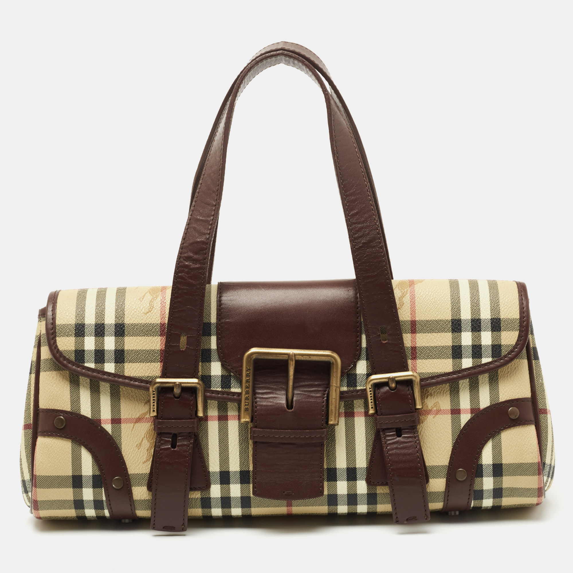 Pre-owned Burberry Brown/beige Haymarket Check Coated Canvas And Leather Buckle Flap Shoulder Bag