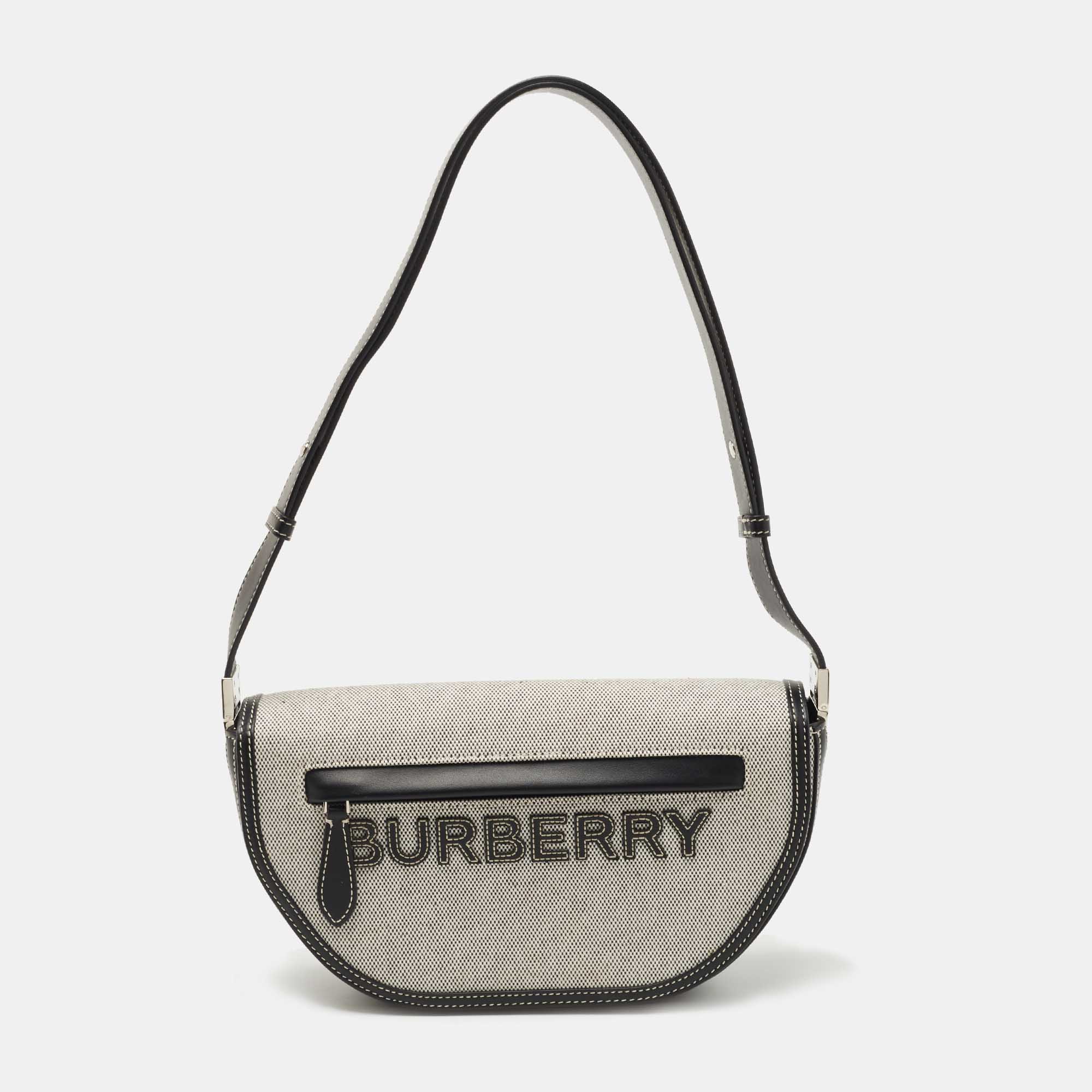 Pre-owned Burberry Grey/black Canvas And Leather Small Olympia Shoulder Bag