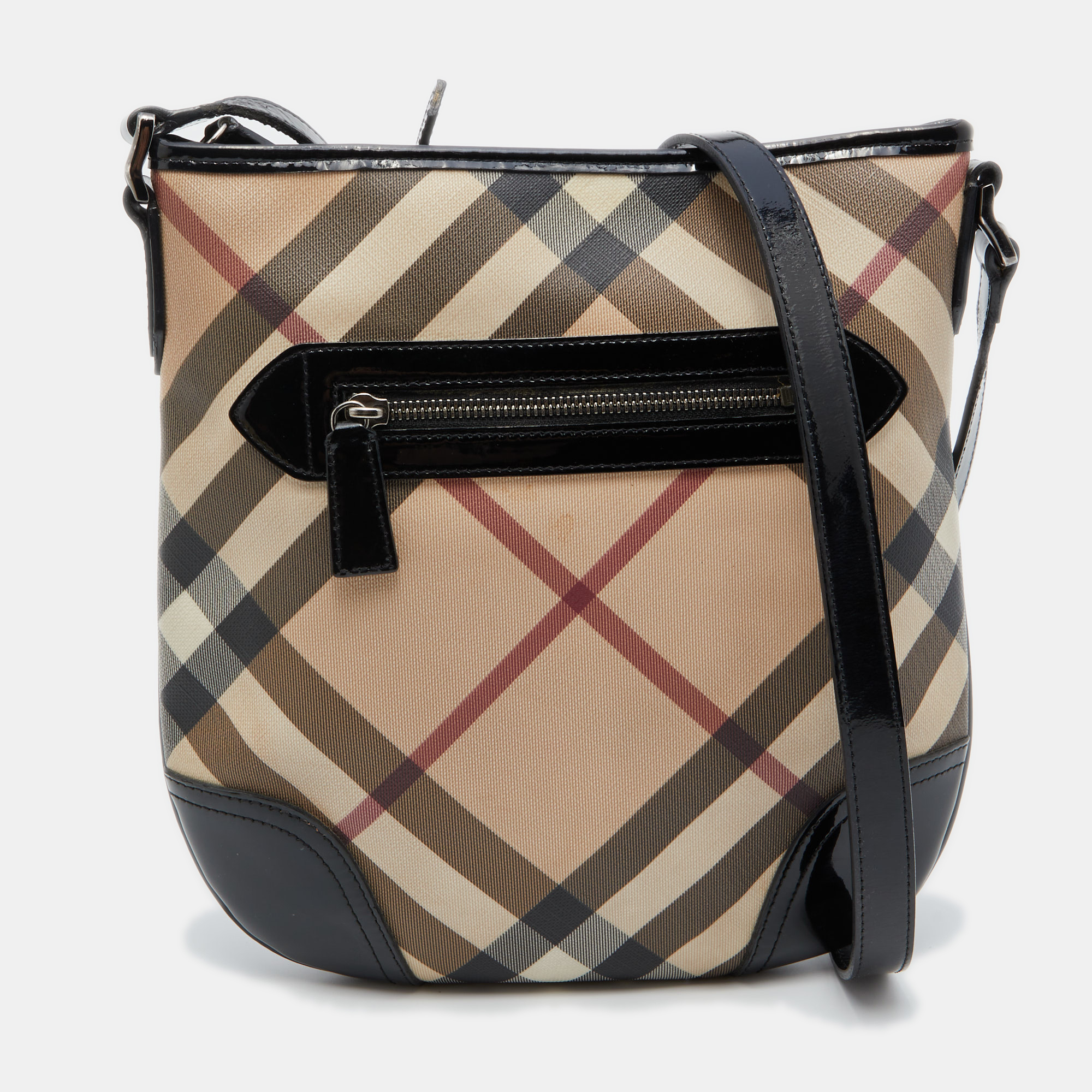 Pre-owned Burberry Beige/black Supernova Check Coated Canvas And Patent Leather Dryden Shoulder Bag