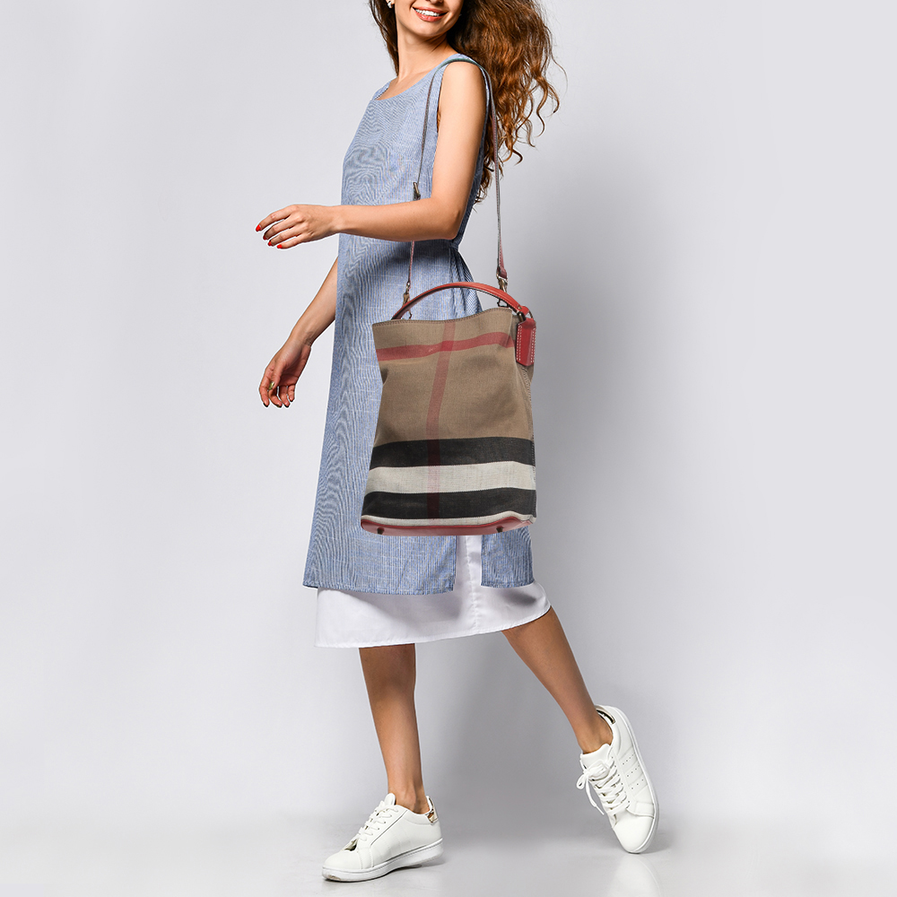 

Burberry Red/Beige House Check Canvas and Leather Ashby Bucket Bag