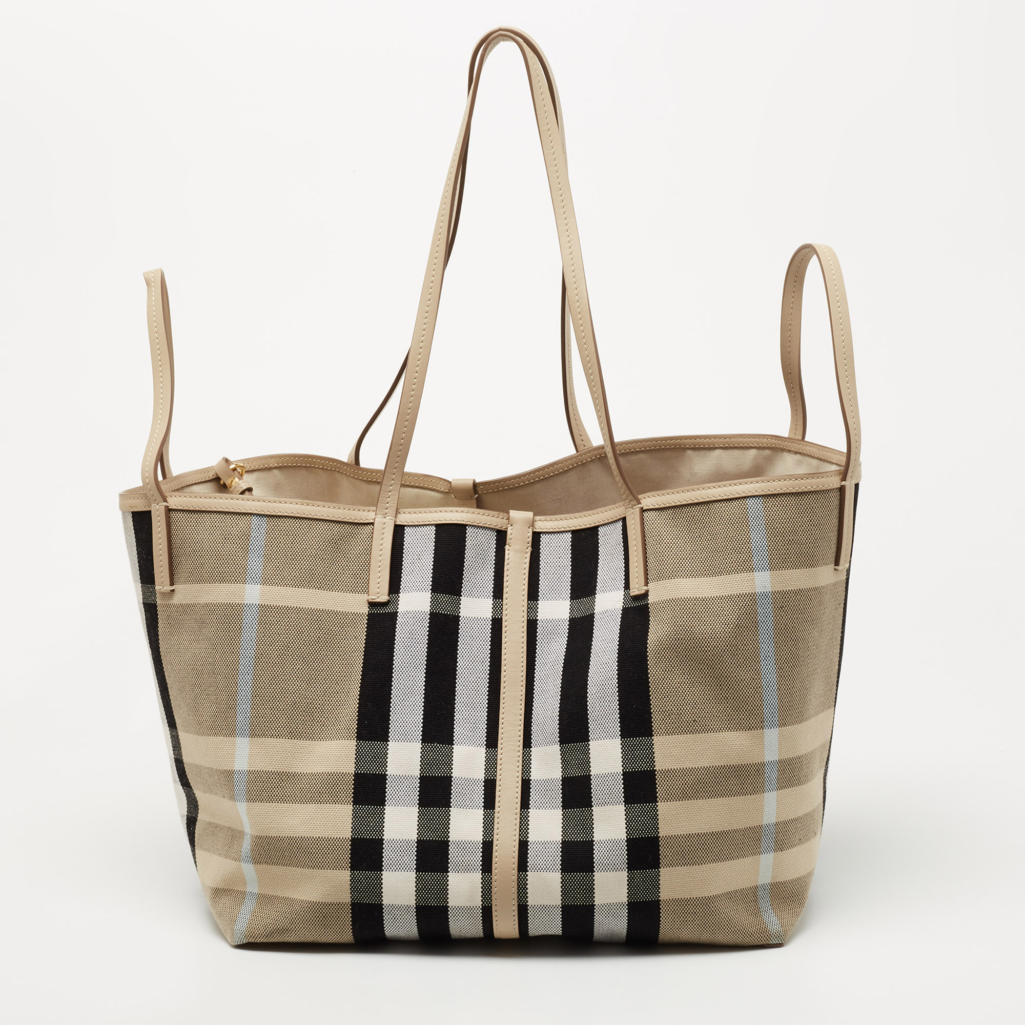 Pre-owned Burberry Beige Vintage Check Canvas And Leather Medium Beach Tote