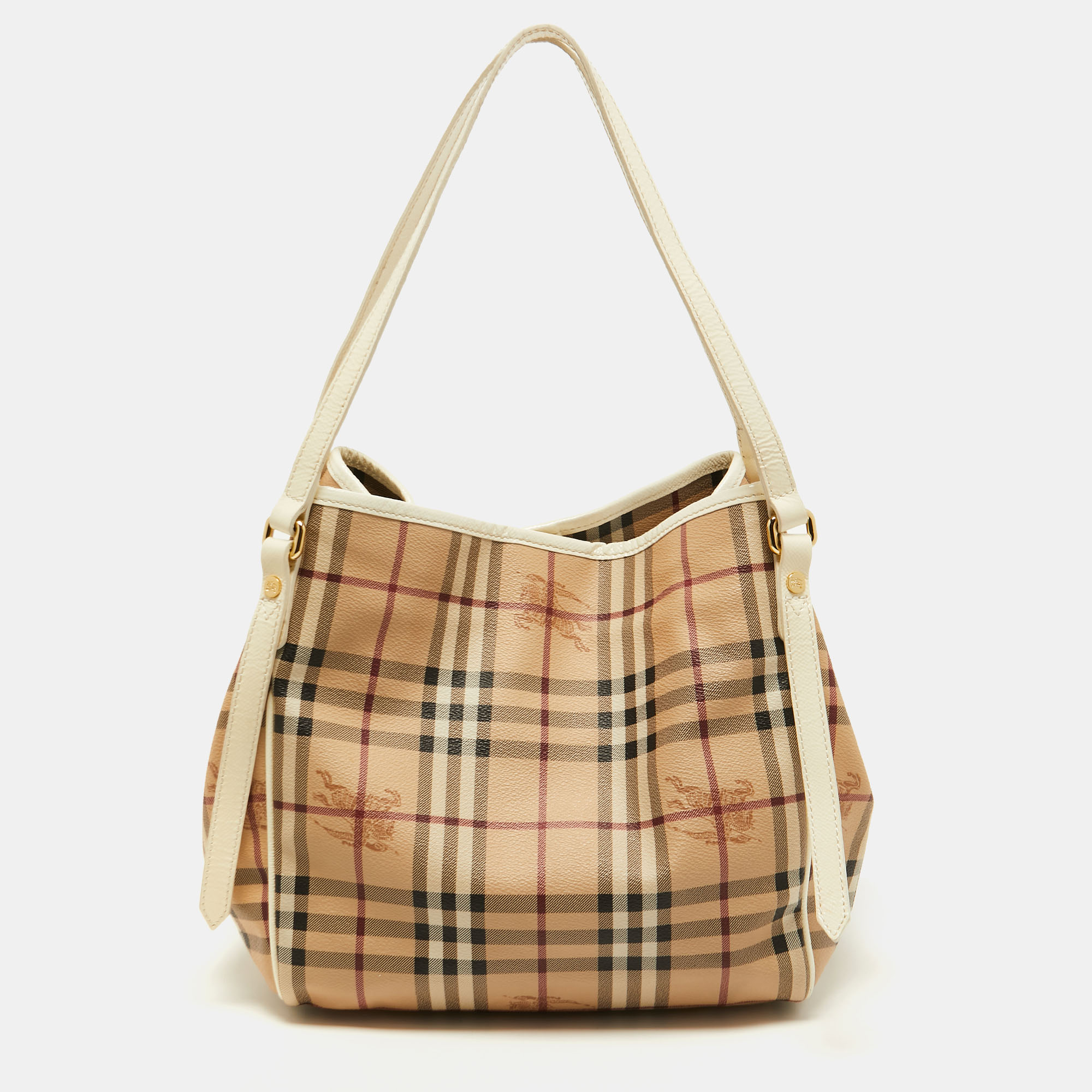Pre-owned Burberry Beige/white Haymarket Check Coated Canvas And Patent Leather Small Canterbury Tote