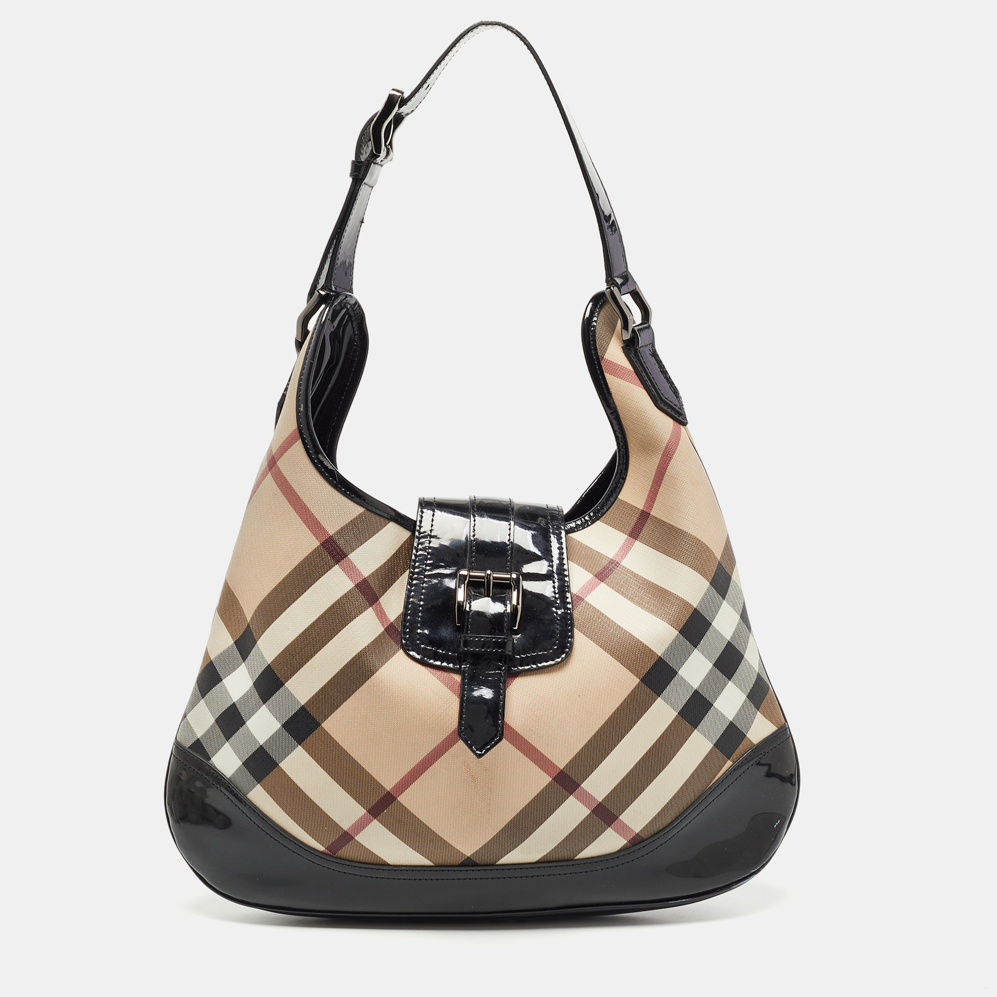 Pre Owned Burberry Black/Beige Nova Check PVC and Patent Leather Brooke Hobo