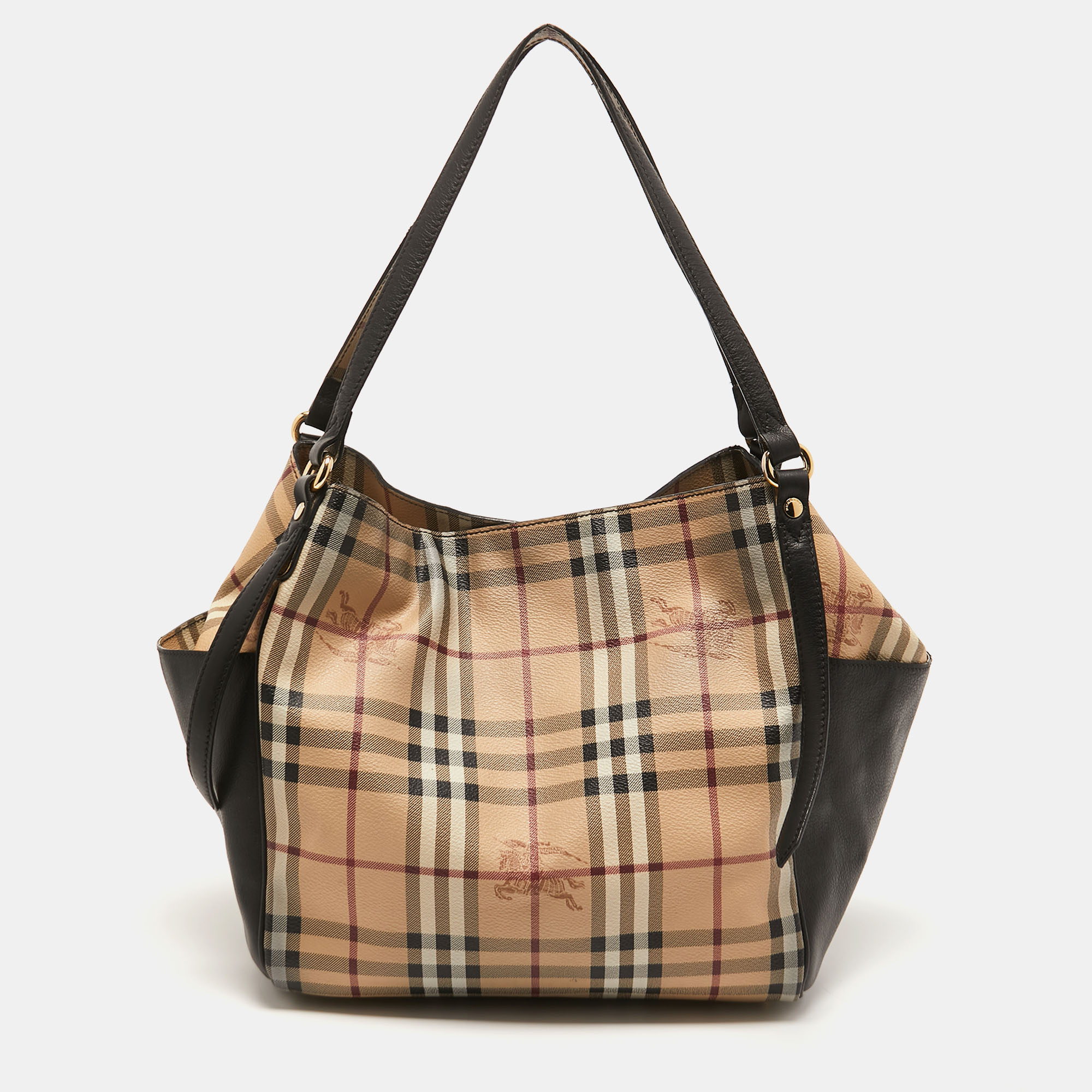 Pre-owned Burberry Black/beige Haymarket Check Pvc And Leather Small Canterbury Tote