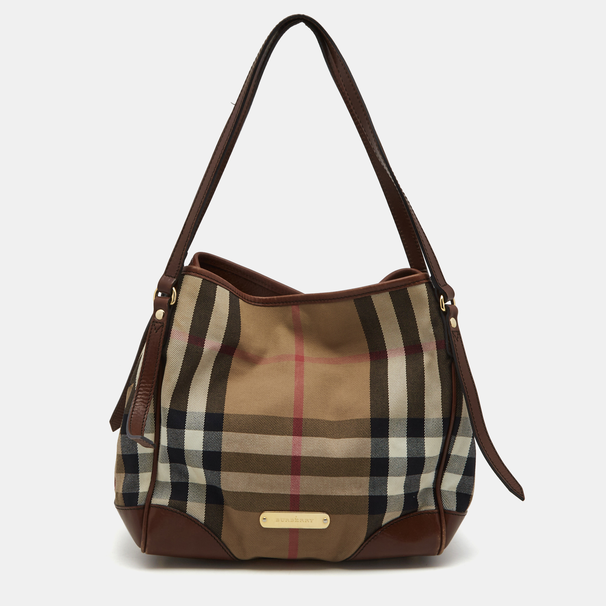 Pre-owned Burberry Beige/brown Haymarket Check Canvas And Leather Small Canterbury Tote