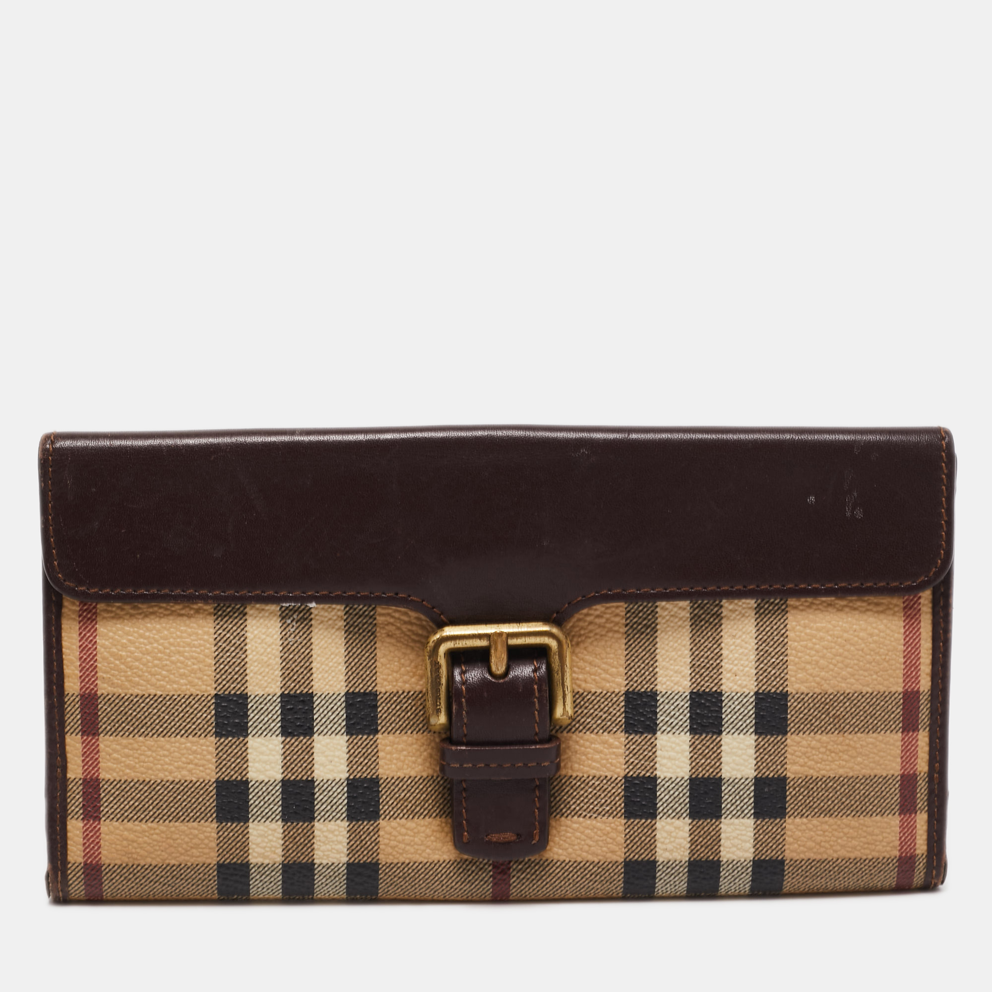 Pre-owned Burberry Brown/beige Haymarket Pvc And Leather Buckle Flap Continental Wallet