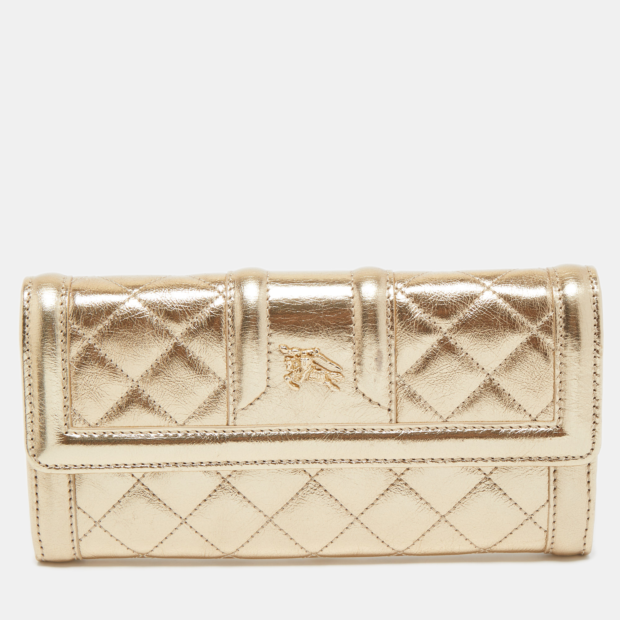 Pre-owned Burberry Gold Quilted Leather Flap Continental Wallet