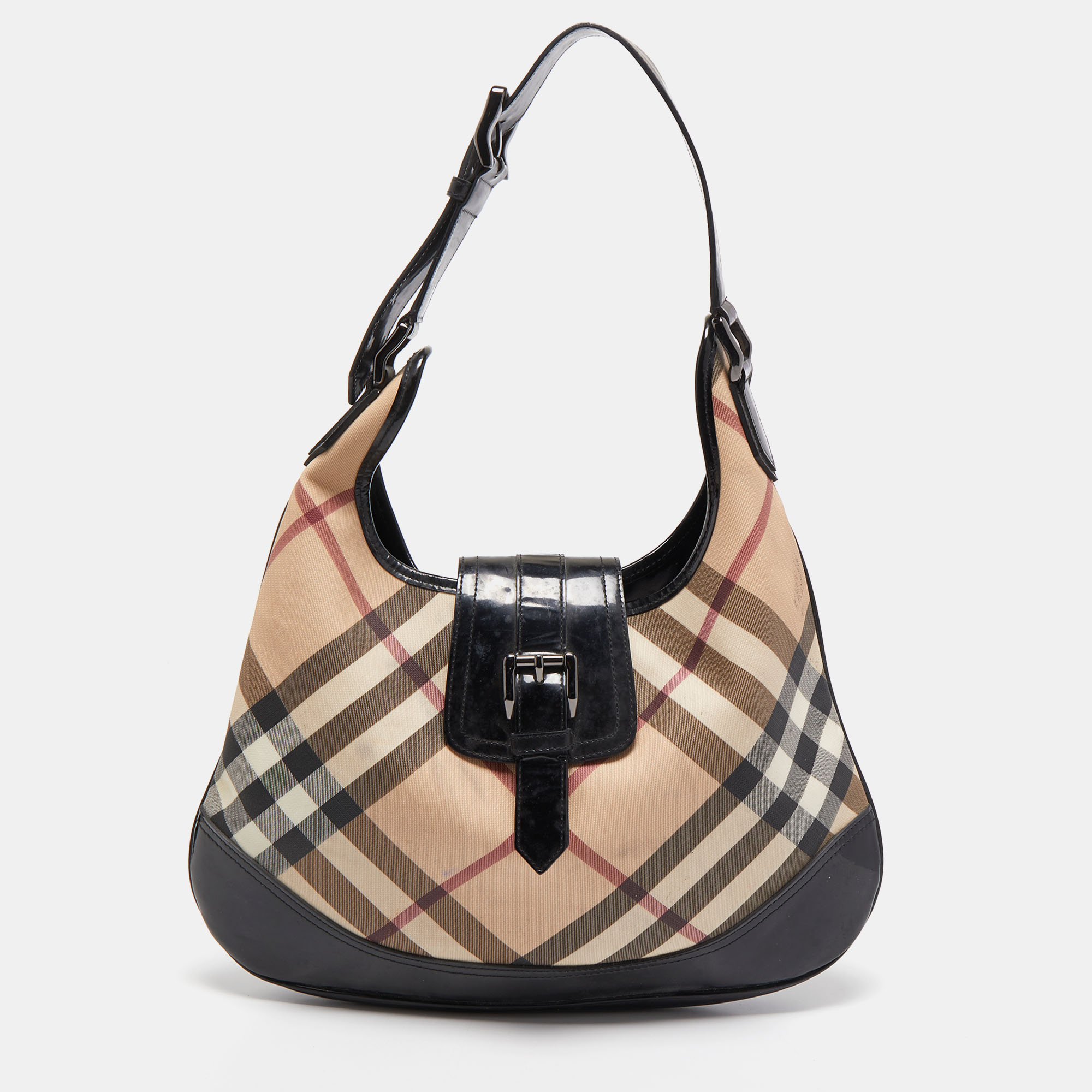 Pre Owned Burberry Black/Beige Nova Check PVC and Patent Leather Brooke Hobo