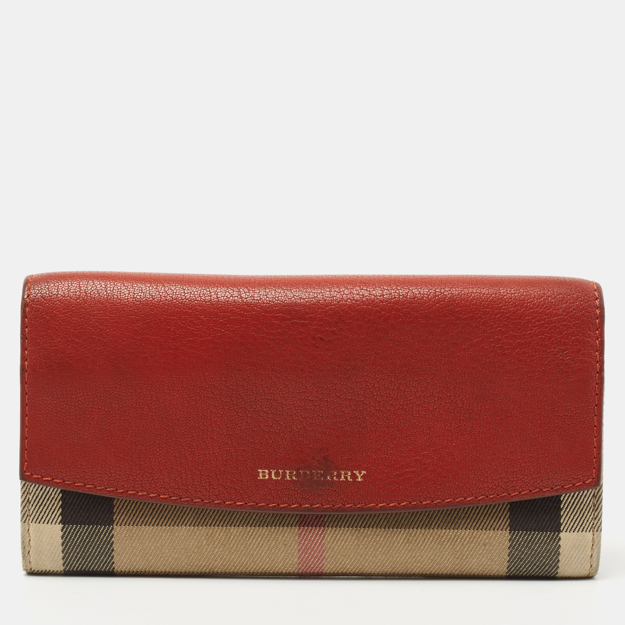 

Burberry Brick Brown/Beige House Check Canvas and Leather Flap Continental Wallet