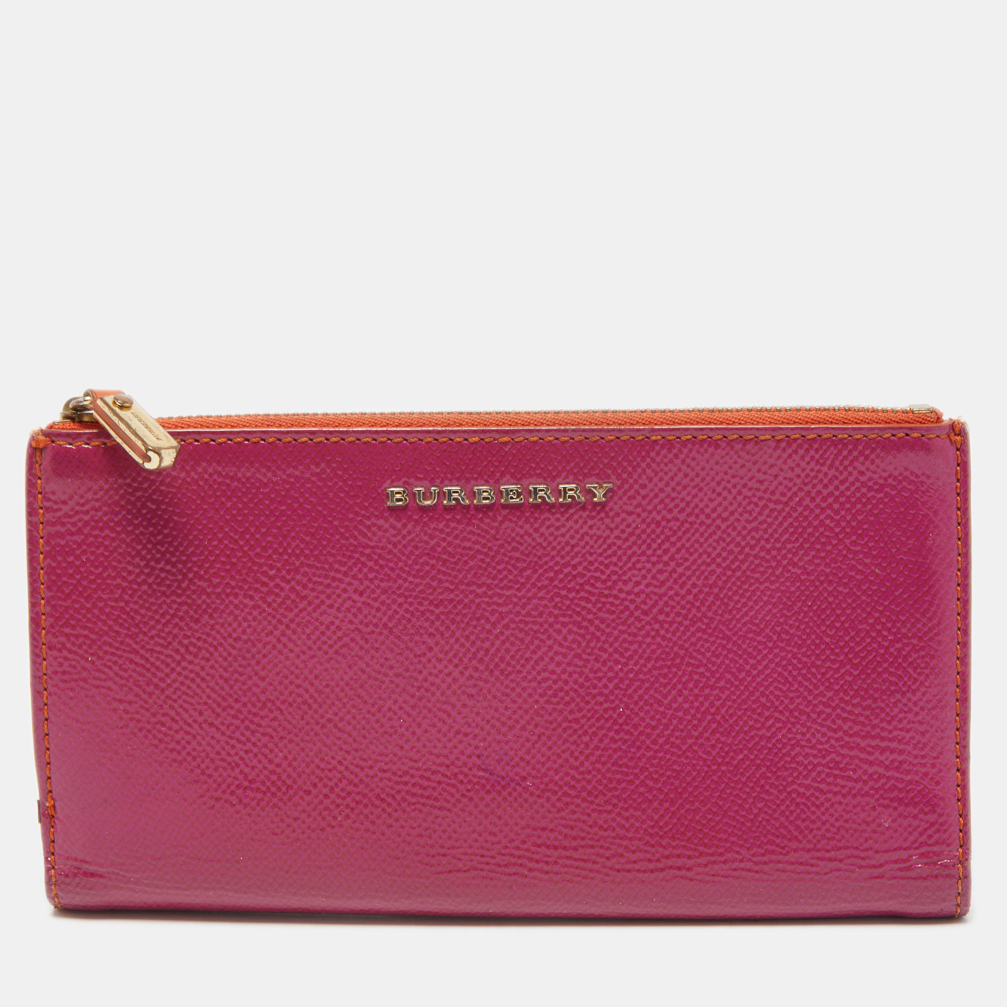 Pre-owned Burberry Magenta Patent Leather Constantine Continental Wallet In Pink