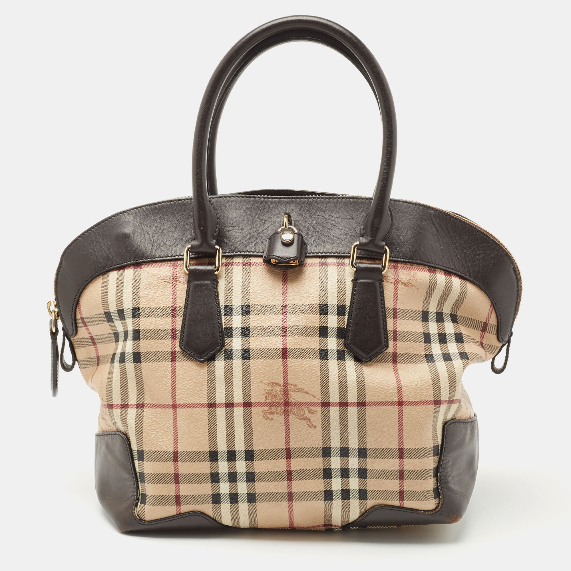 Pre Owned Burberry Brown/Beige Haymarket Check PVC and Leather Primrose Satchel