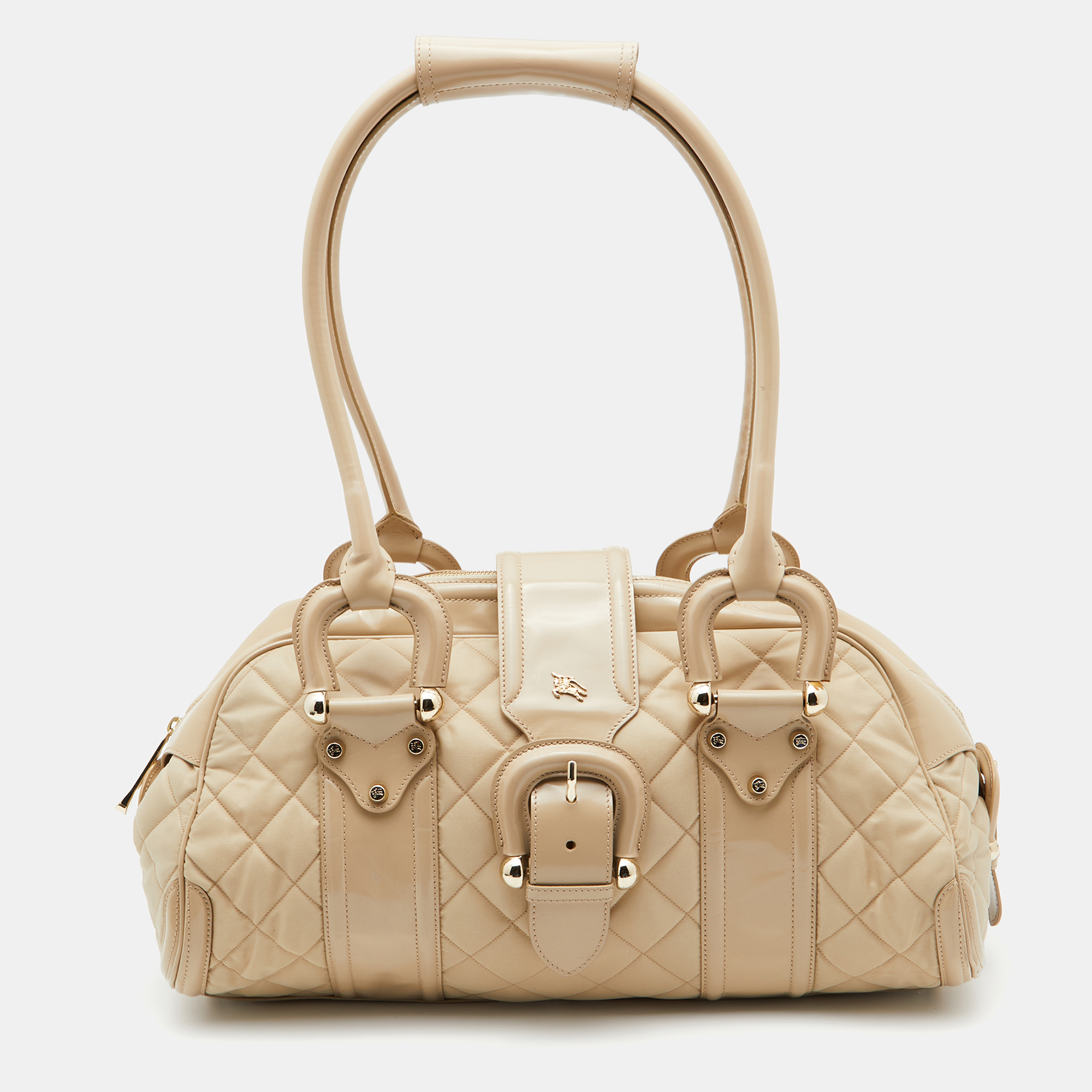 Pre-owned Burberry Beige Quilted Nylon And Patent Leather Manor Satchel