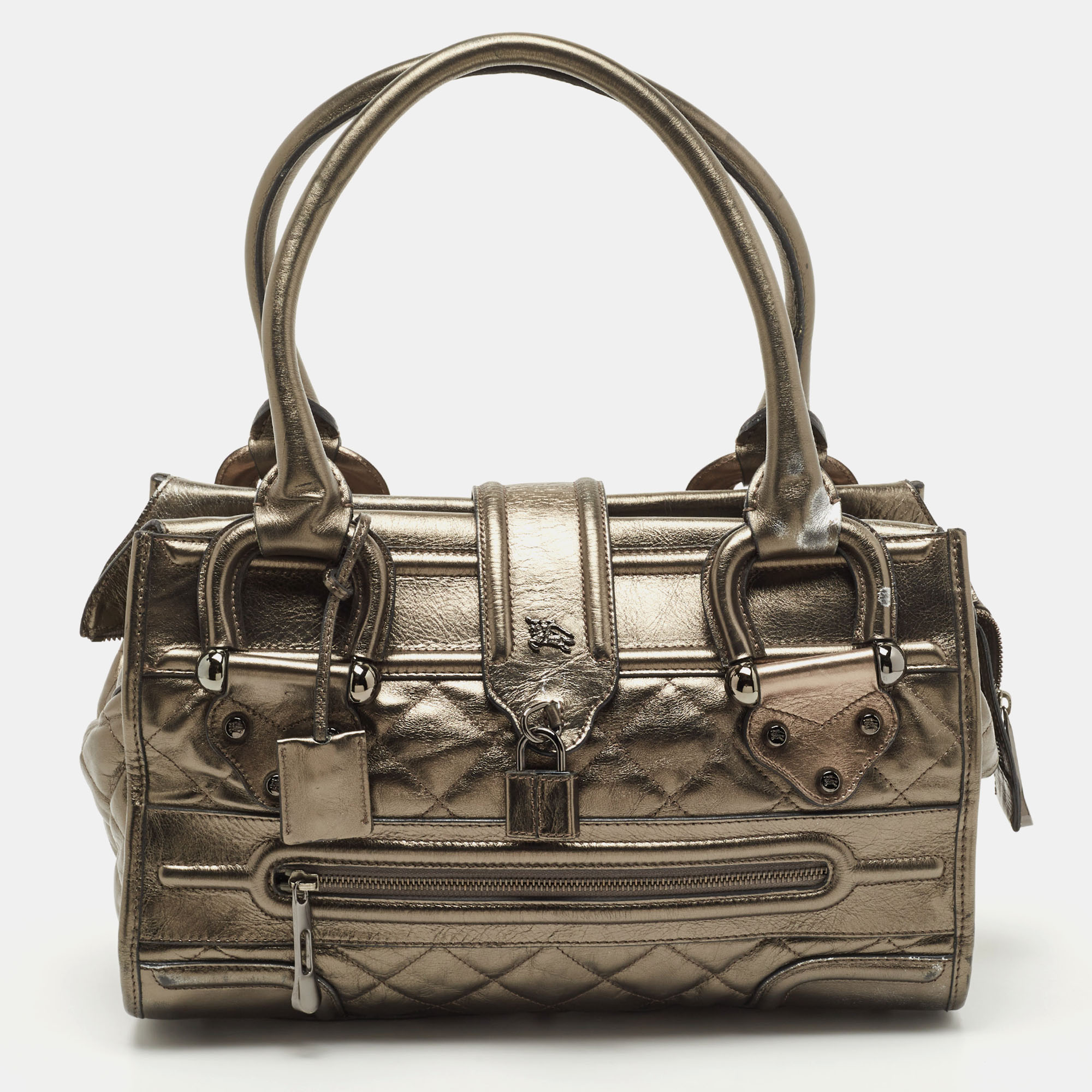 Pre-owned Burberry Metallic Quilted Leather Manor Satchel