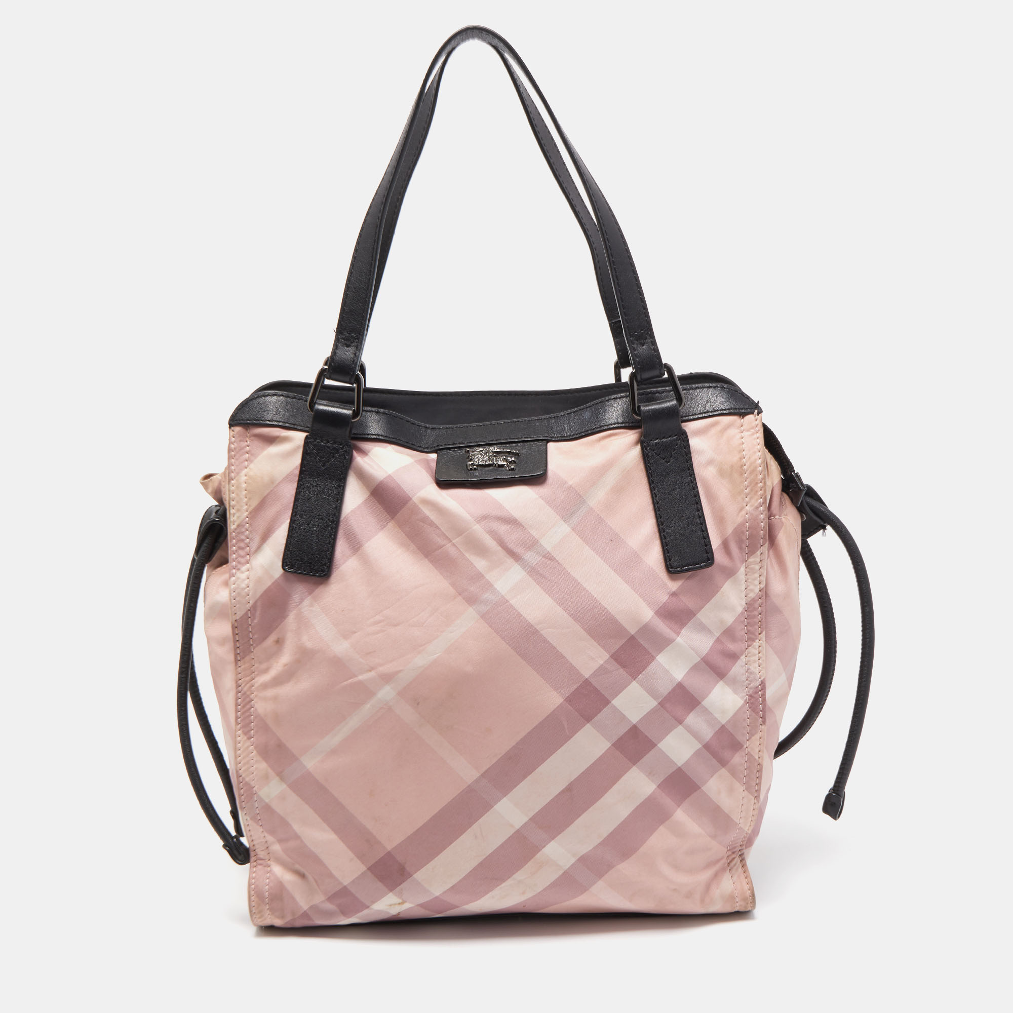 Pre-owned Burberry Pink/black Check Nylon And Leather Buckleigh Tote