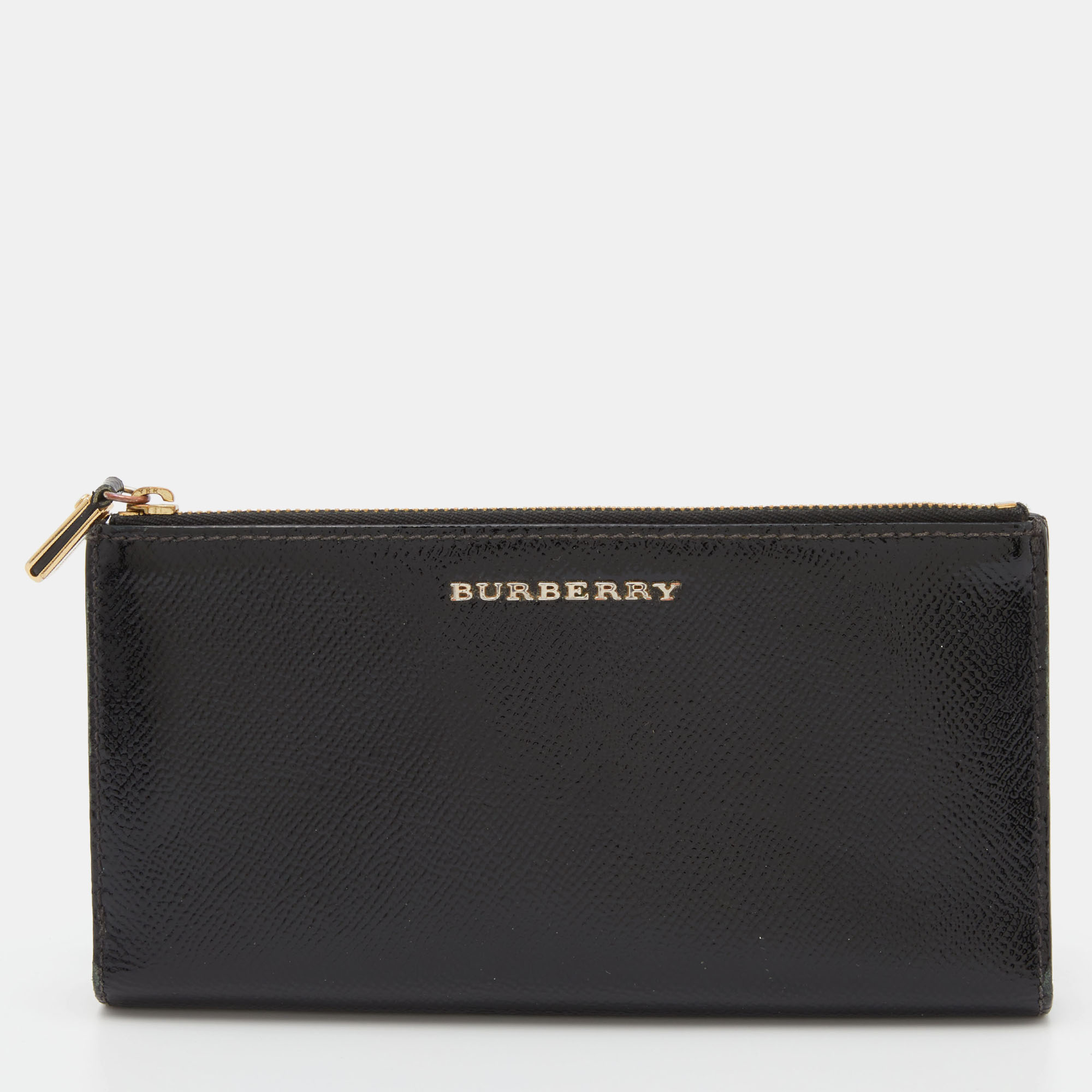 Pre-owned Burberry Black Patent Leather Long Zip Wallet
