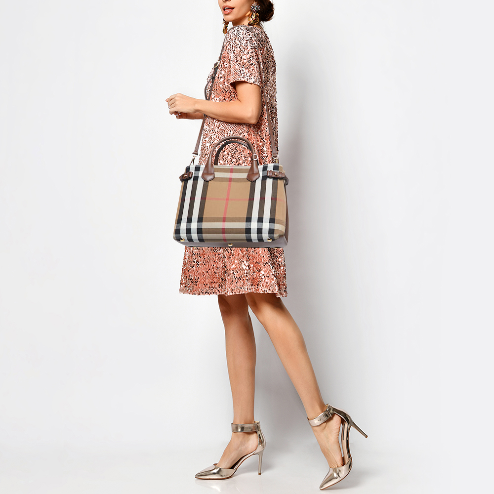 

Burberry Brown/Beige House Check Fabric and Leather  Banner Tote