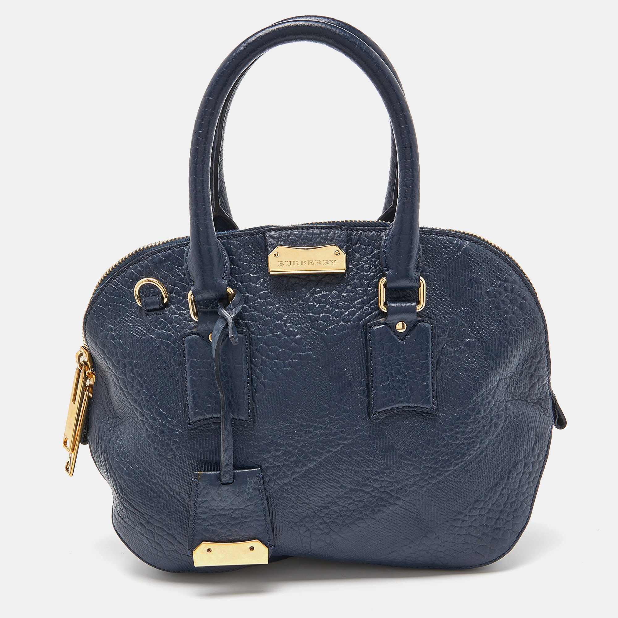 

Burberry Blue Heritage Check Embossed Leather Small Orchard Bowler Bag