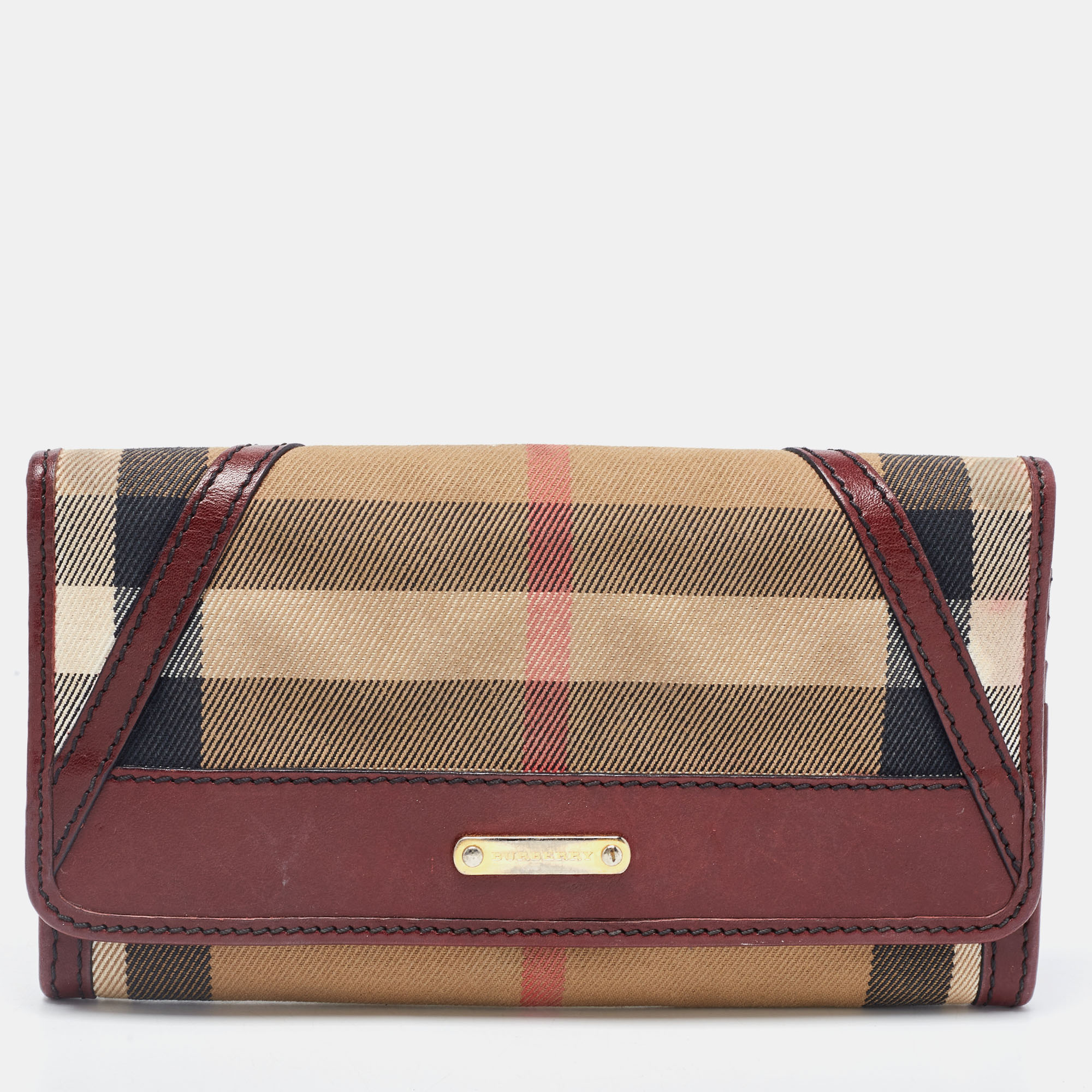 Pre-owned Burberry Burgundy/cream House Check Canvas And Leather Flap Continental Wallet