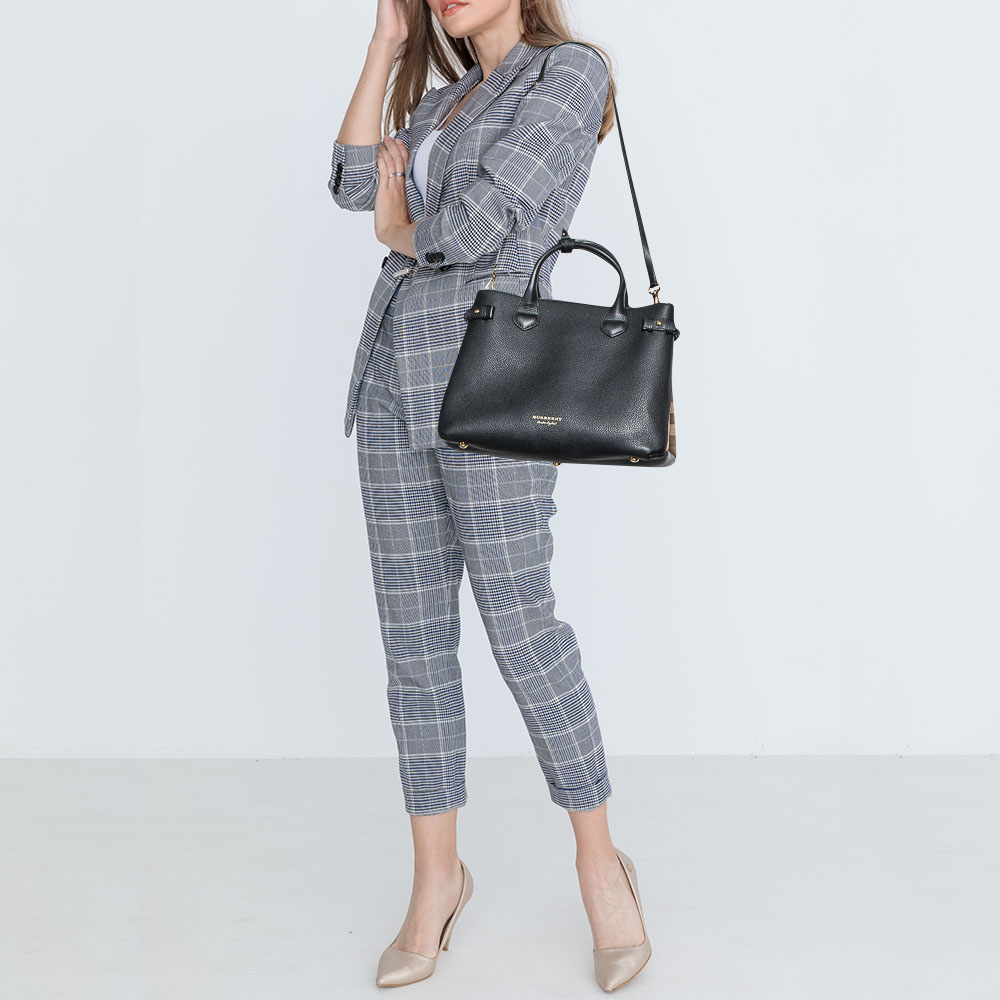 

Burberry Black/Beige Leather and House Check Fabric Medium Banner Tote
