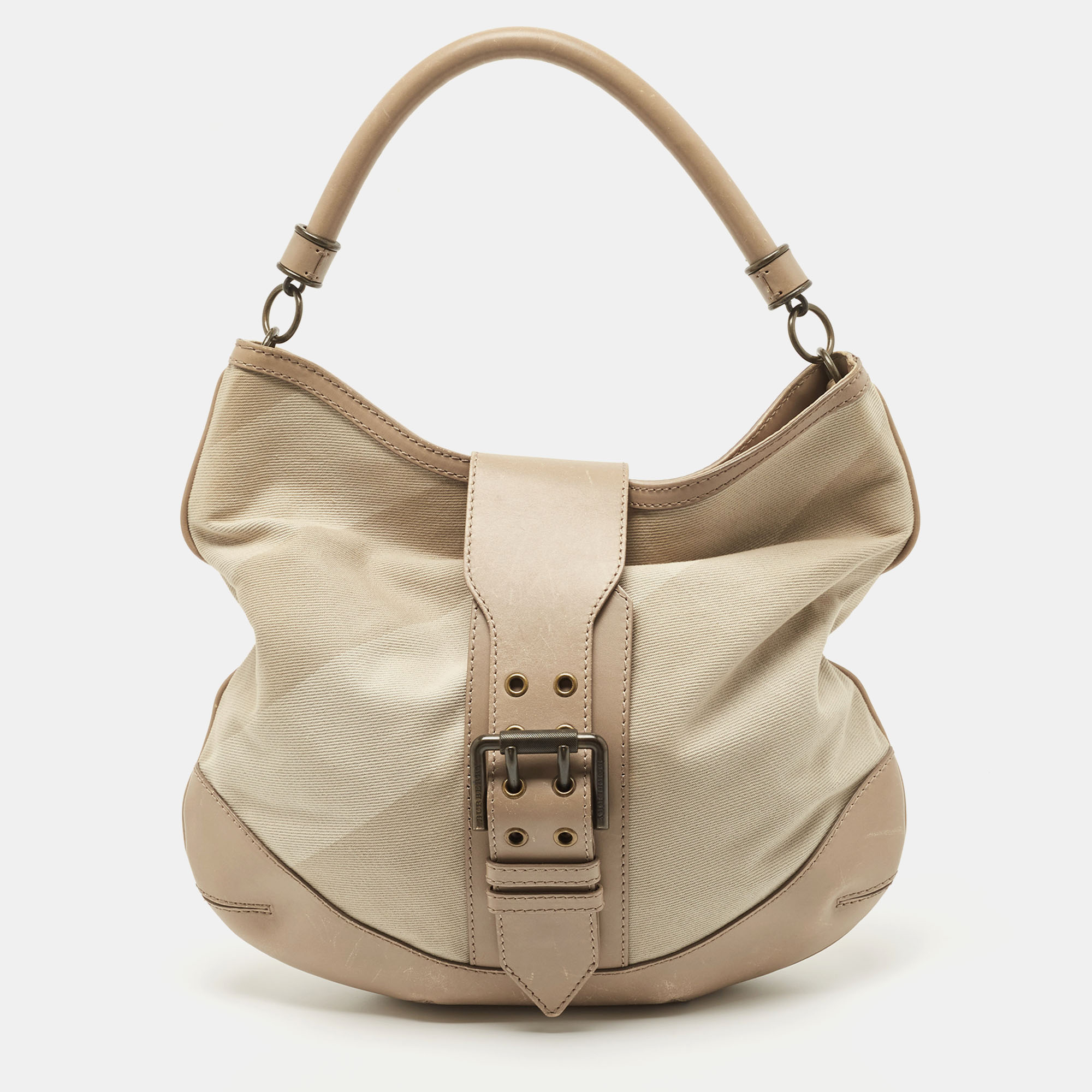 

Burberry Taupe Supernova Canvas and Leather Buckle Belted Hobo, Beige
