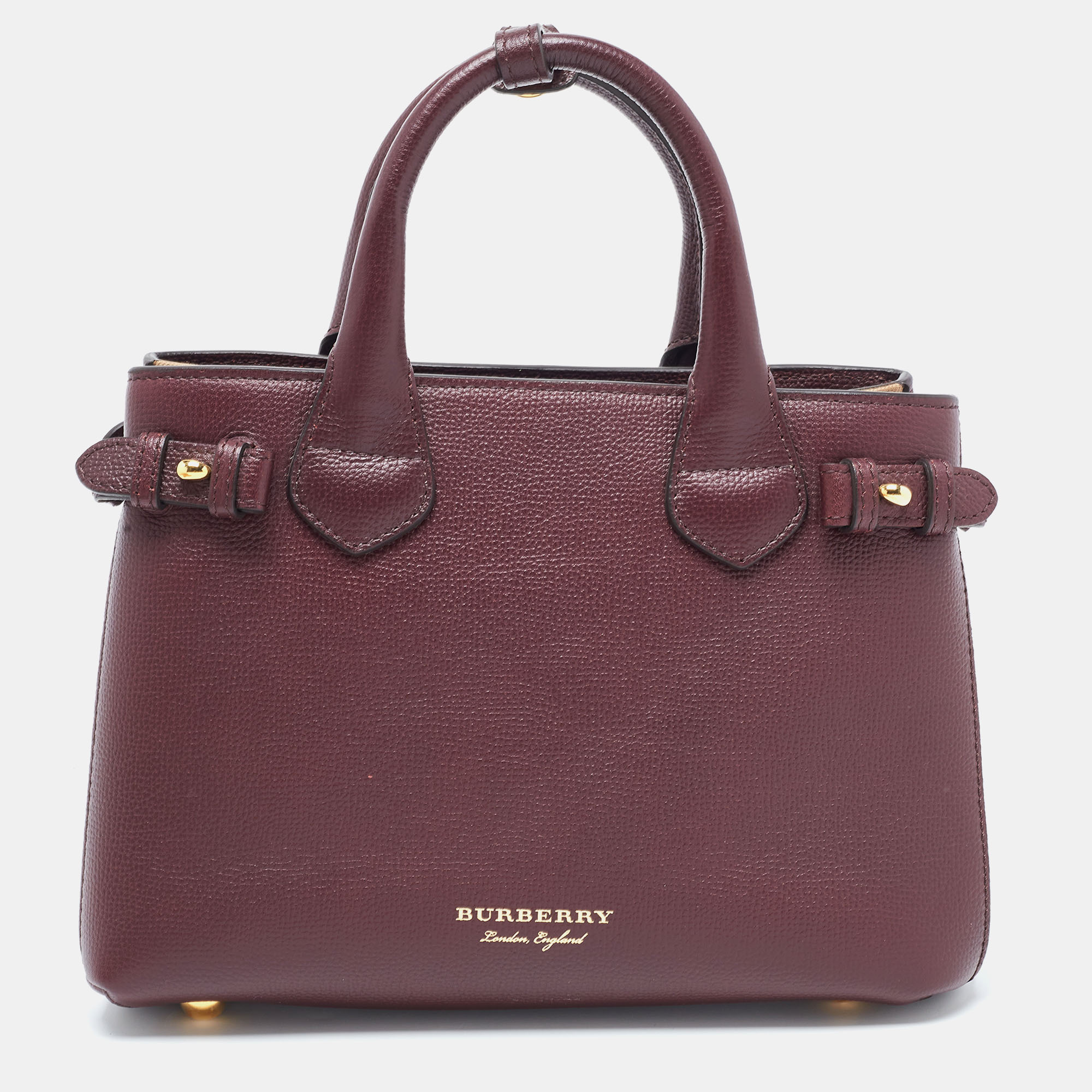Pre-owned Burberry Burgundy/beige Leather And House Check Fabric Small Banner Tote