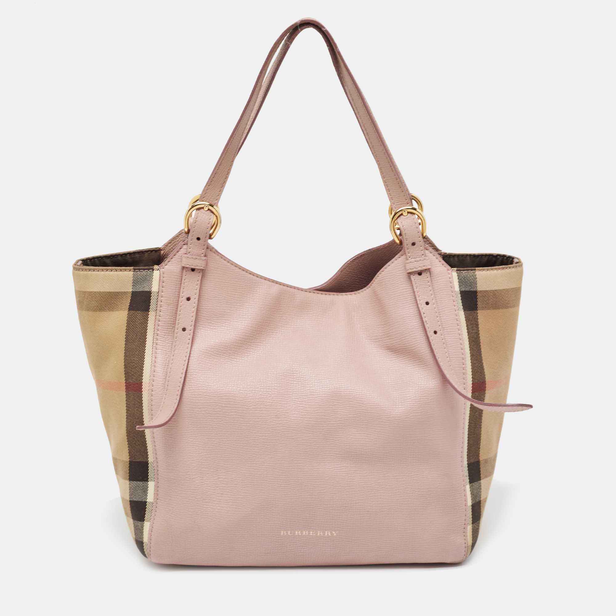 Pre-owned Burberry Pink/beige House Check Fabric And Leather Small Canterbury Tote