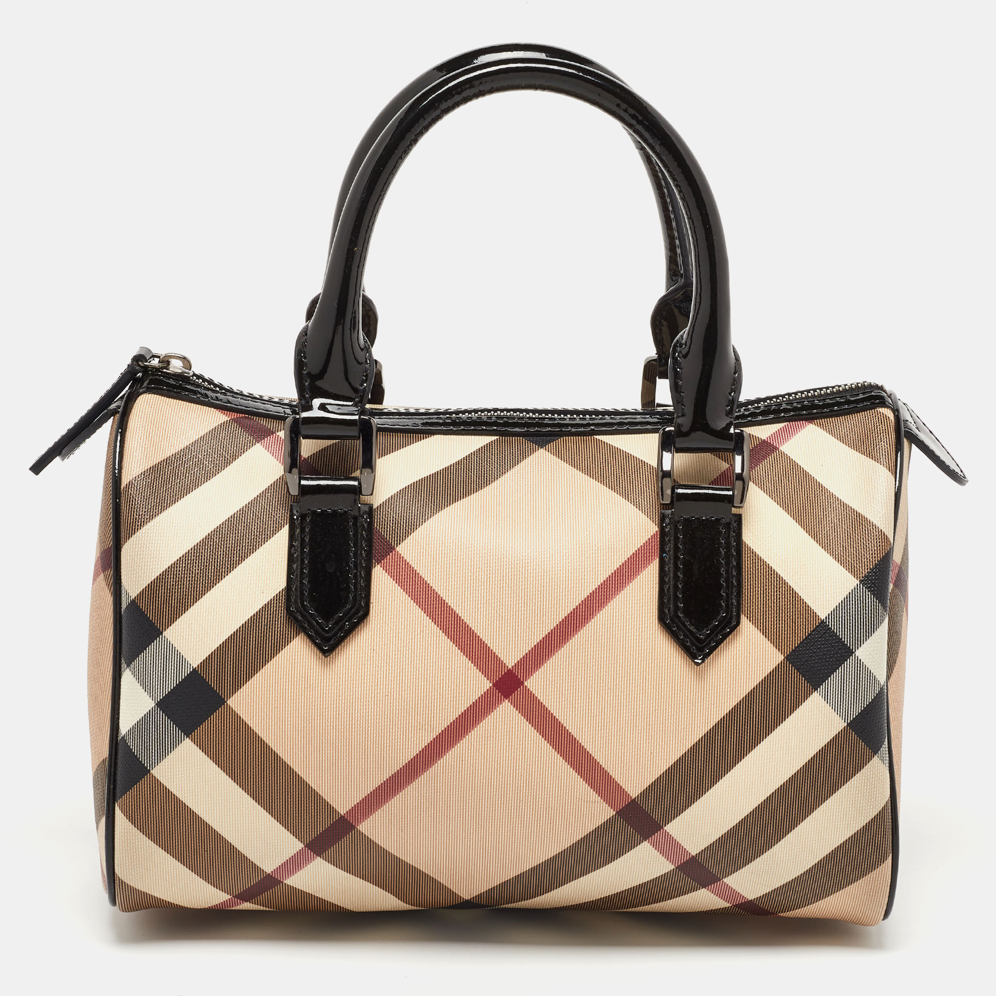 Pre-owned Burberry Beige/black Nova Check Pvc And Patent Leather Chester Boston Bag