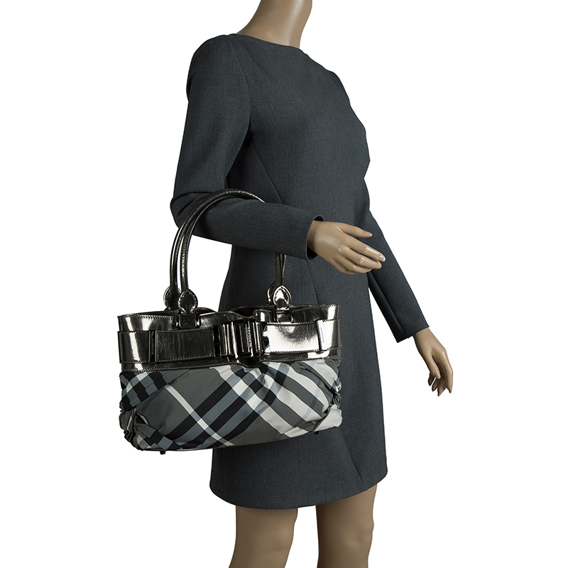 

Burberry Metallic Grey Beat Check Nylon and Leather Small Healy Tote