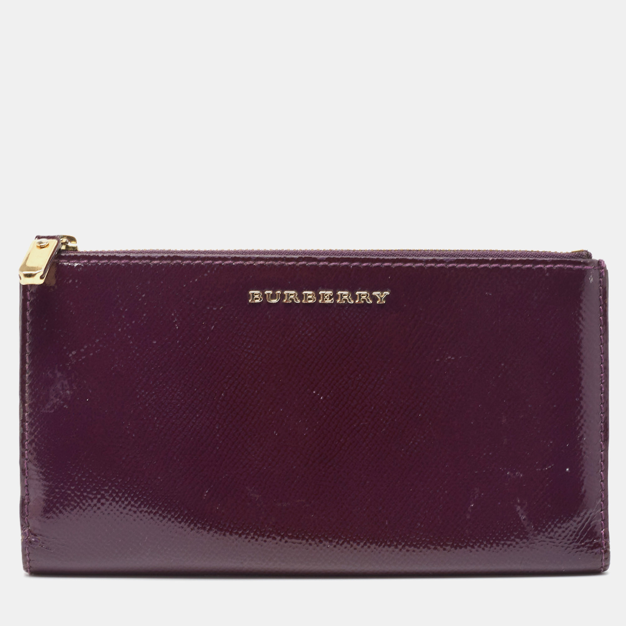 Pre-owned Burberry Purple Patent Leather Zip Bifold Wallet