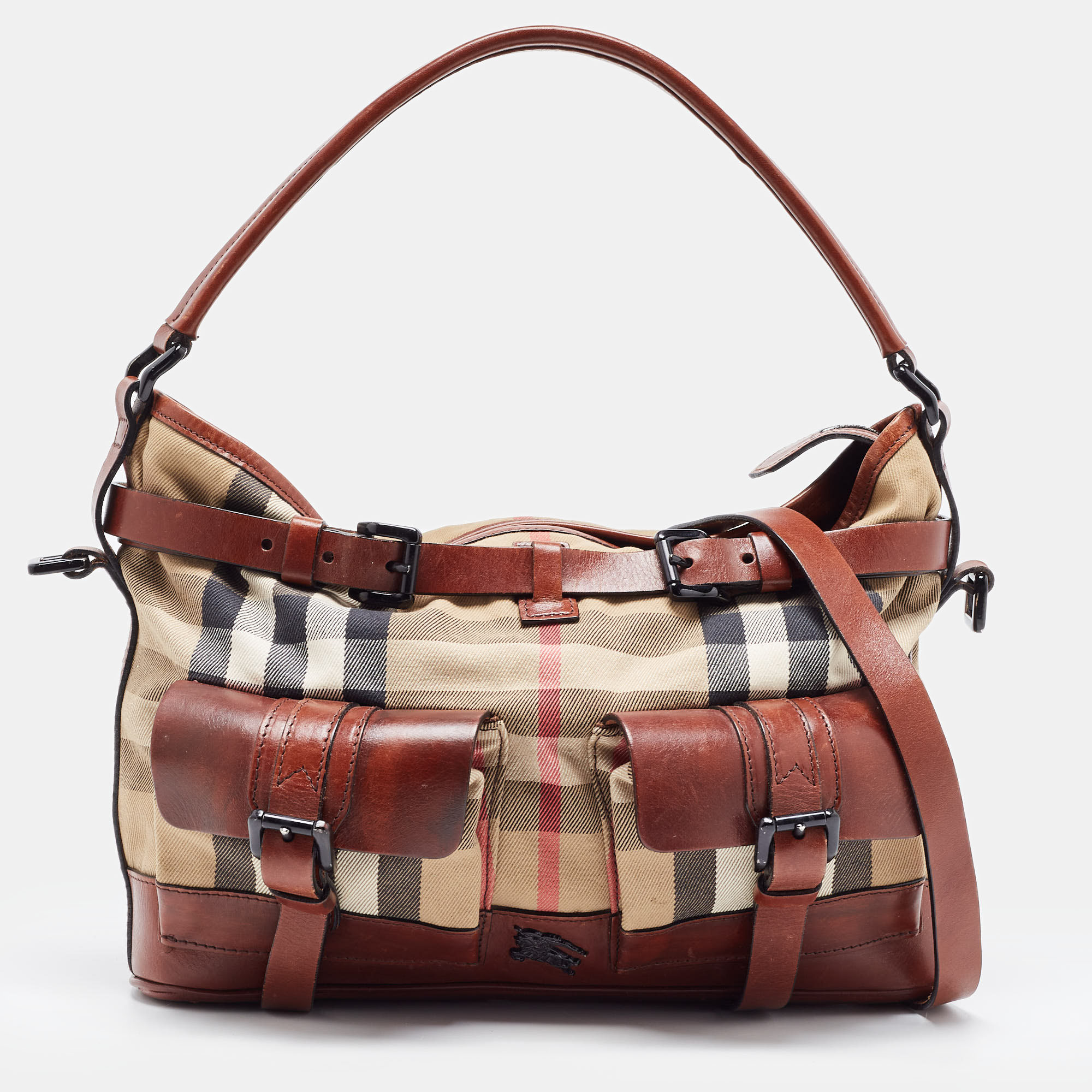 

Burberry Brown/Beige House Check Canvas and Leather Front Pocket Buckle Hobo