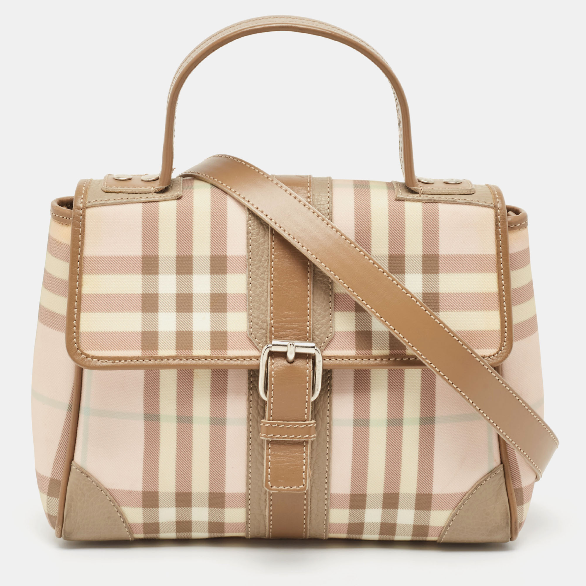 مملوكة مسبقًا حقيبة بربري شيستر PVC هاوس تشيك بني/وردي