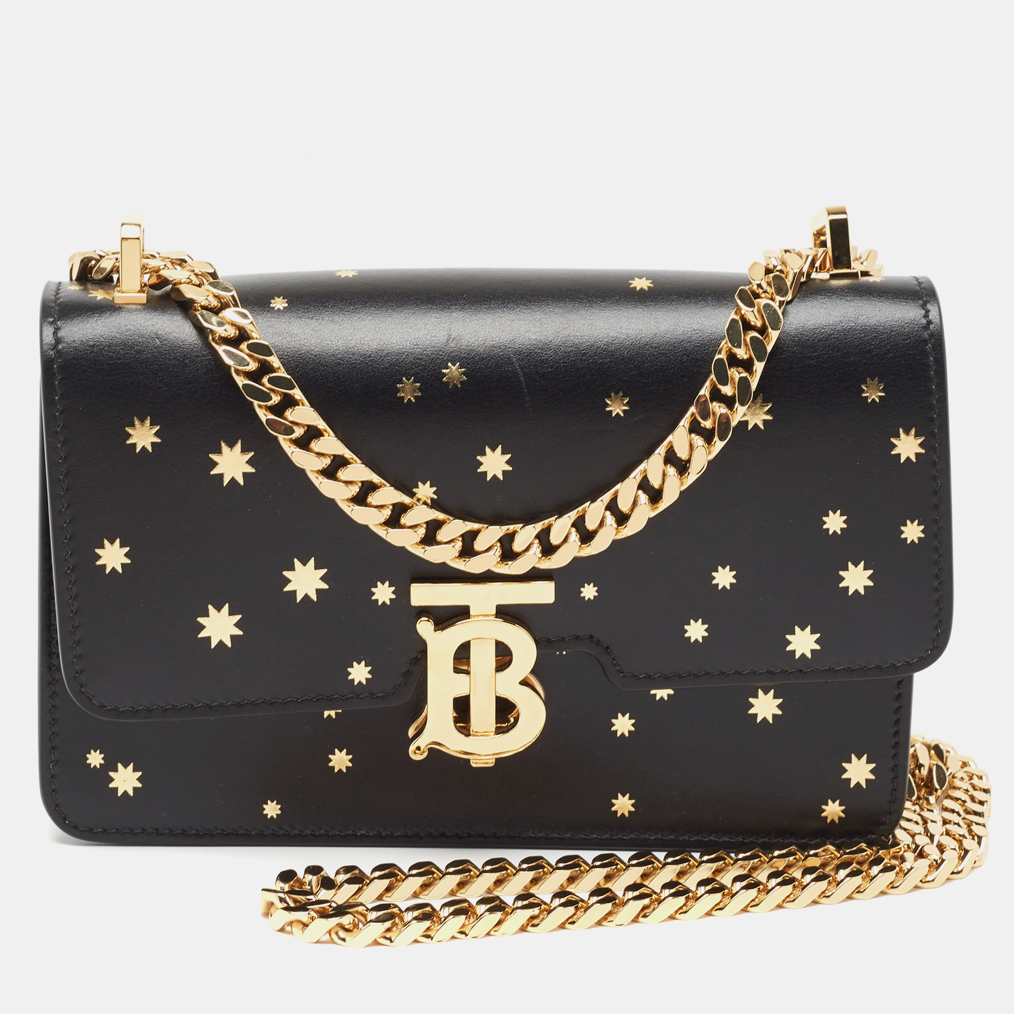 Pre-owned Burberry Black Leather Tb Elongated Chain Bag