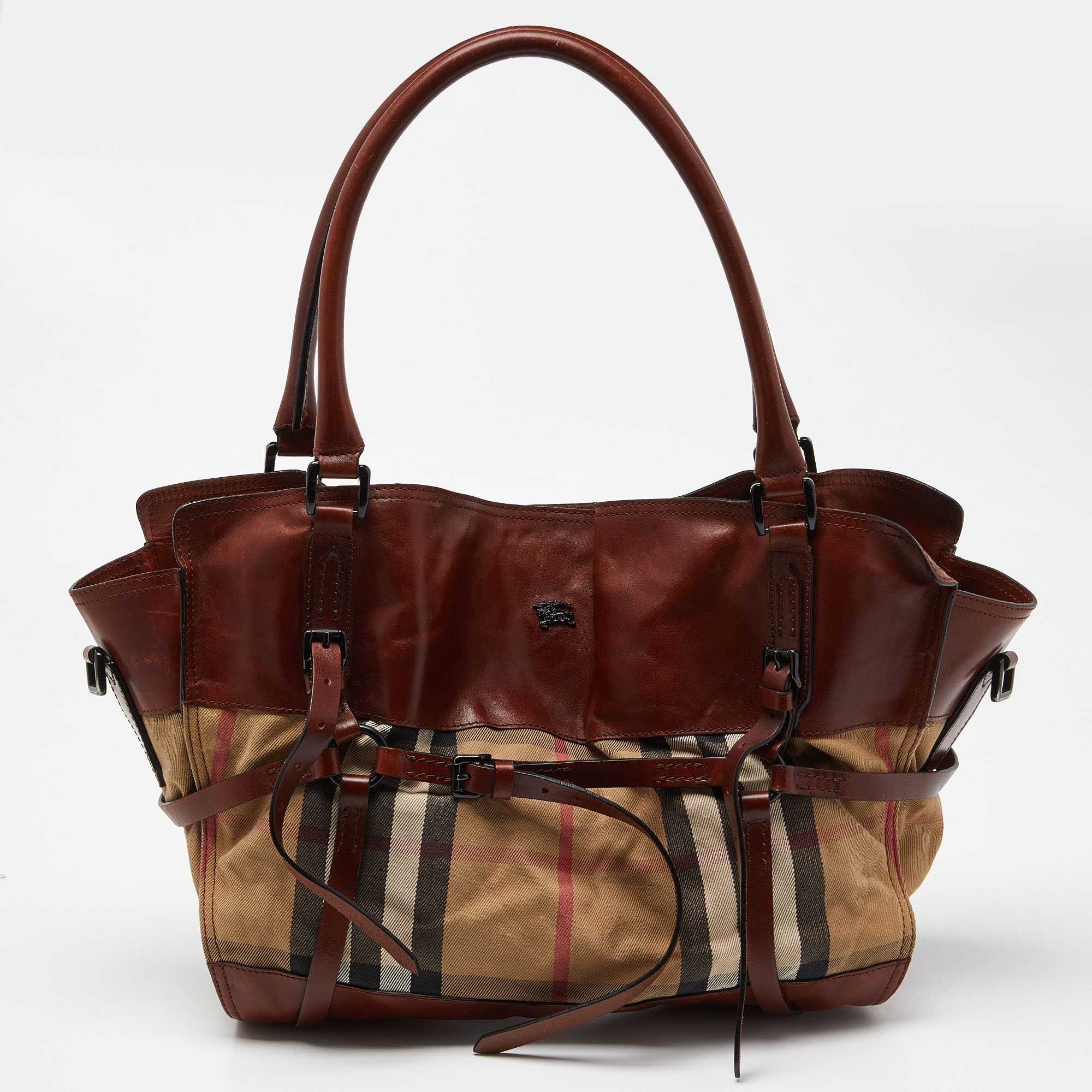 Pre-owned Burberry Brown/beige House Check Canvas And Leather Belted Tote