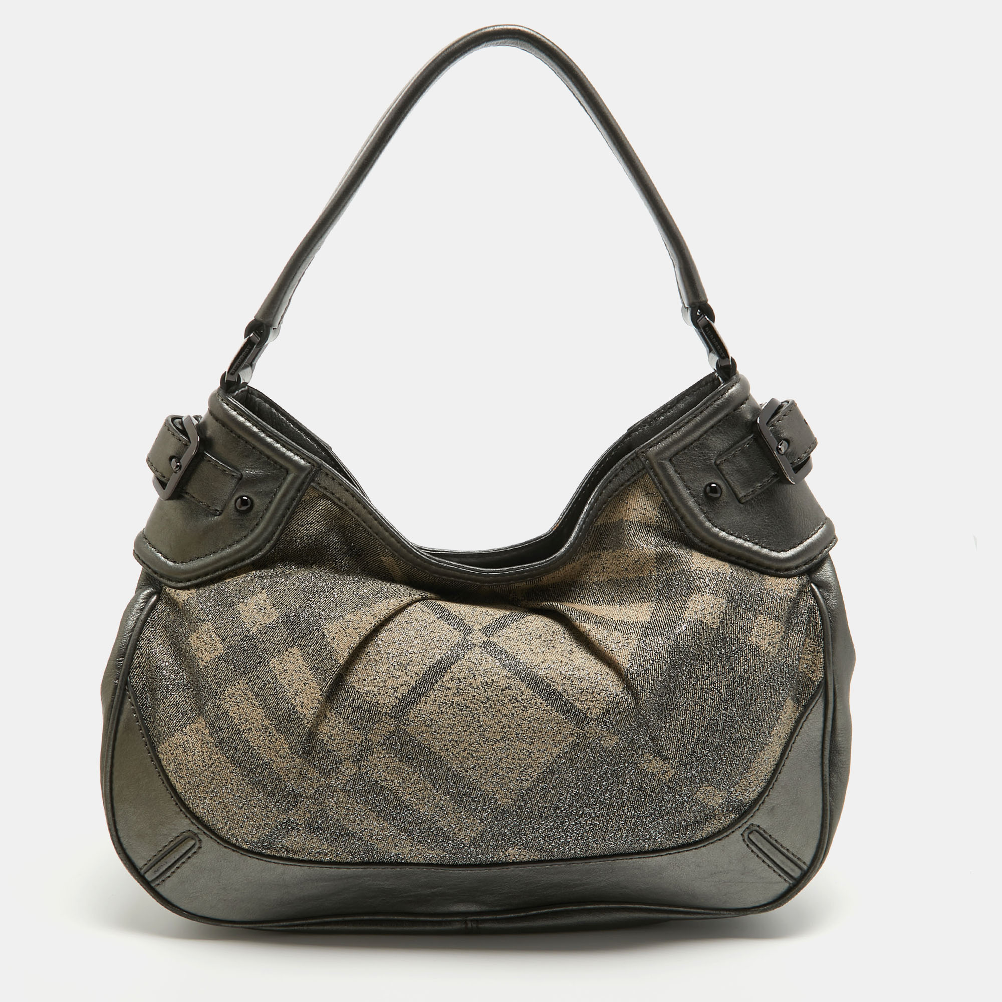 Pre-owned Burberry Grey Nova Check Lurex And Leather Fairby Hobo