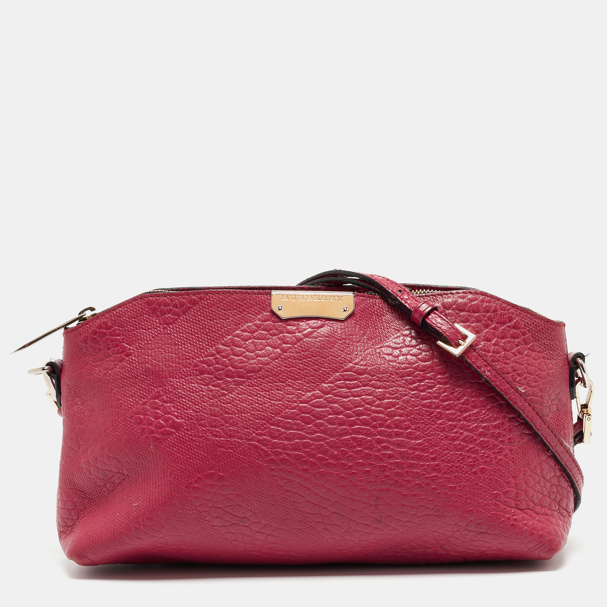 Pre-owned Burberry Magenta Embossed Check Leather Chichester Crossbody Bag In Pink
