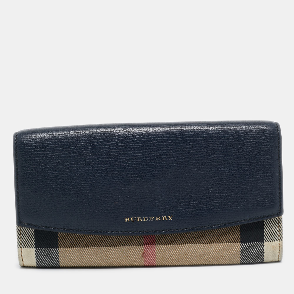 Pre-owned Burberry Navy Blue/beige House Check Canvas And Leather Flap Continental Wallet