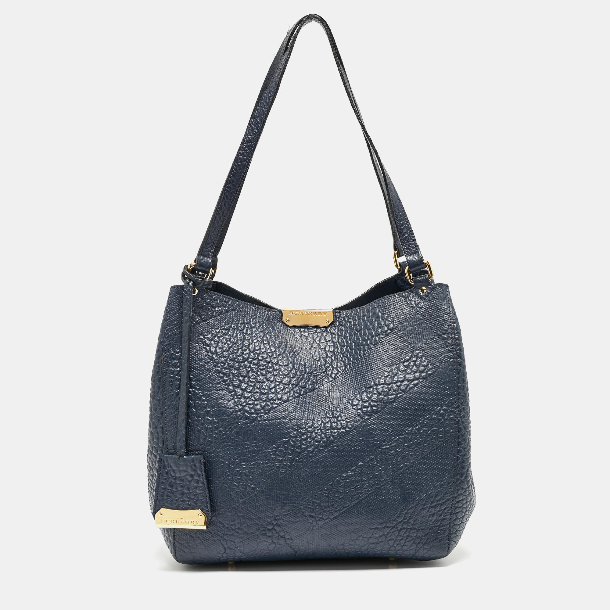 Pre-owned Burberry Navy Blue Embossed Leather Canterbury Tote