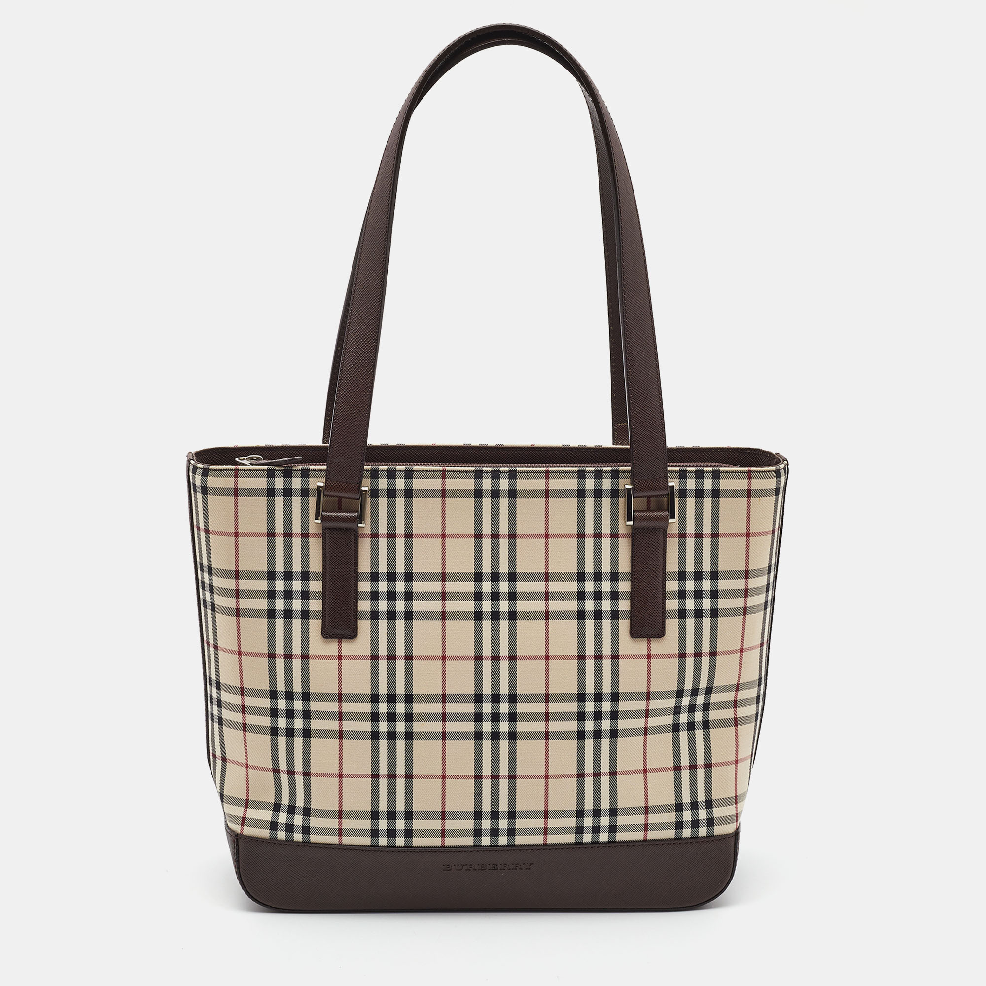 Pre-owned Burberry Beige/brown Vintage Check Fabric And Leather Rectangle Tote